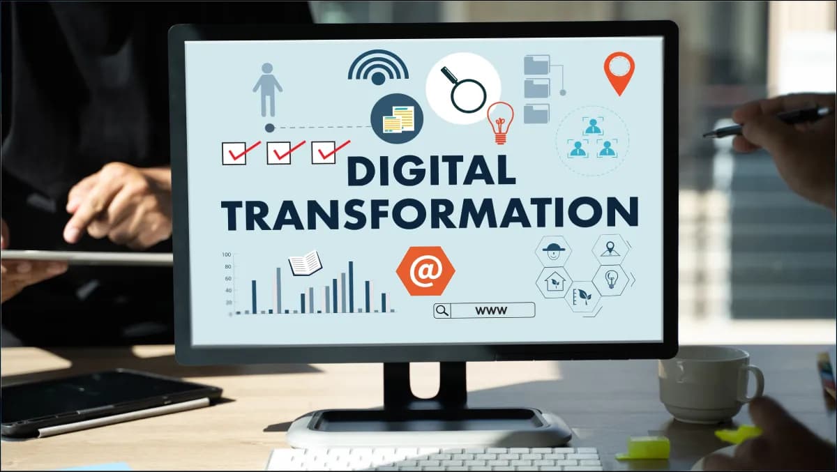 A modern boardroom with a CFO presenting a 5-year digital service transformation ROI dashboard on a large screen, showing per-workstream uplift in pounds and a payback-period chart.