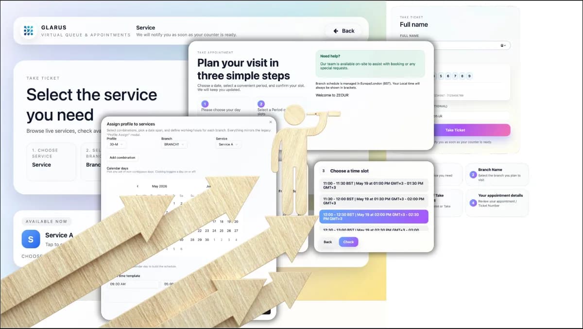 A laptop screen showing a bilingual multi-branch online appointment booking interface with a slot calendar, a WhatsApp confirmation appearing on a smartphone beside it, and a softly blurred service-centre interior in the background.