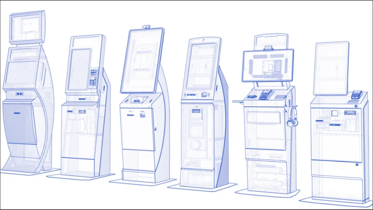 A self-service check-in kiosk in an airport terminal with a 32-inch touchscreen, thermal printer slot, EMV contactless reader and passport scanner, passengers walking behind.