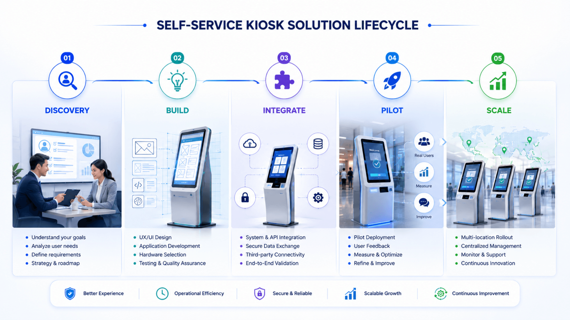 Zeour kiosk solution lifecycle — discovery, build, integrate, pilot, scale