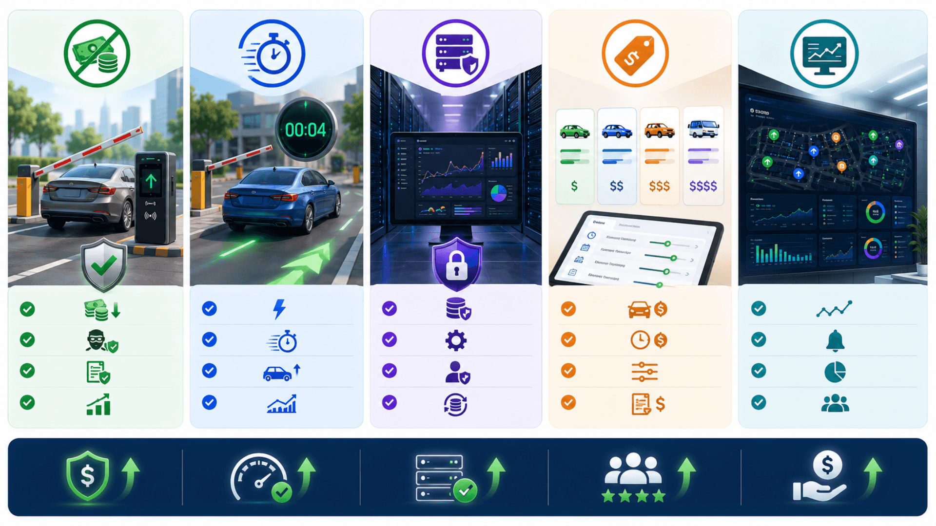 Benefits infographic for Smart Parking — zero cash shrinkage, sub-5s leave, on-prem control, transparent pricing, realtime ops