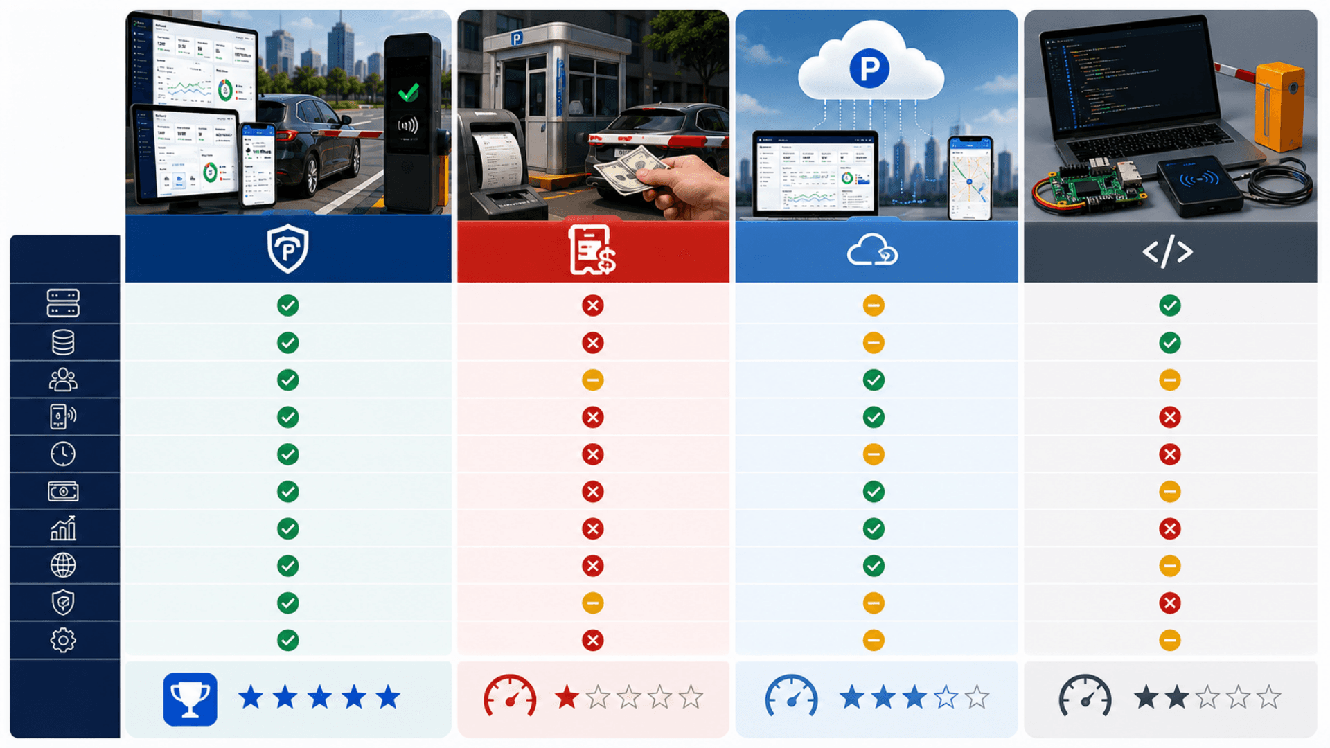 Comparison of Zeour Smart Parking vs ticket printers vs SaaS parking platforms vs open-source DIY