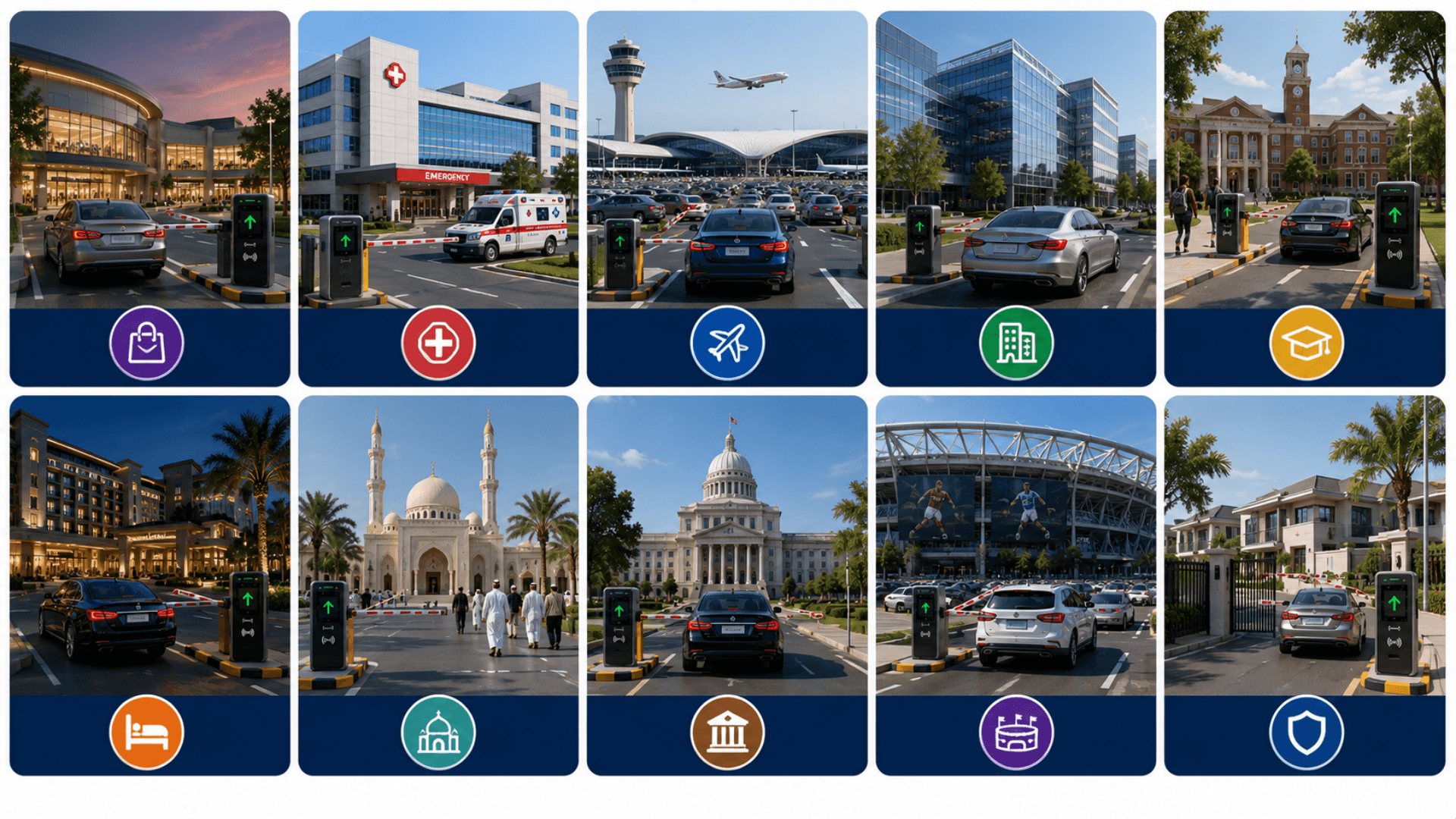 Industries served by Smart Parking — malls, hospitals, airports, offices, universities, hotels, mosques, government, stadiums, compounds