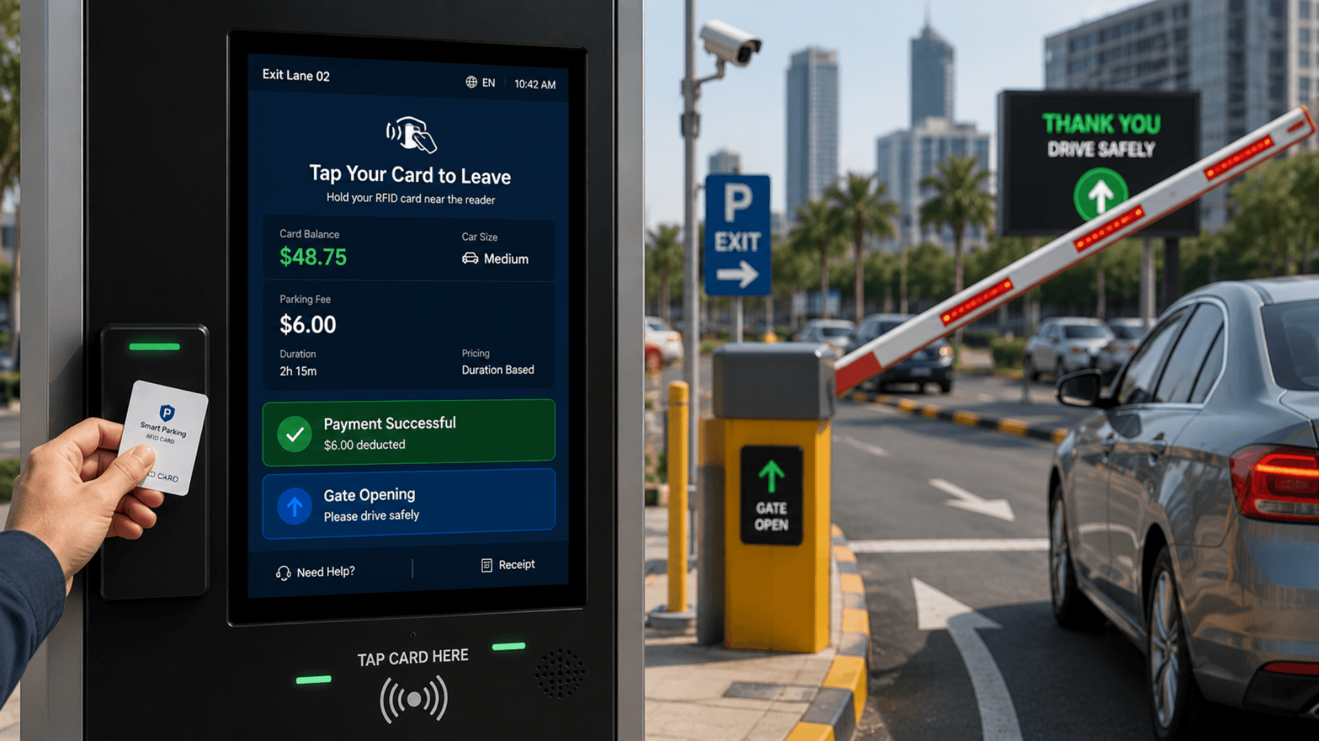 Smart Parking Android kiosk at the exit lane with card-tap UI, balance shown, fee deducted, barrier opening