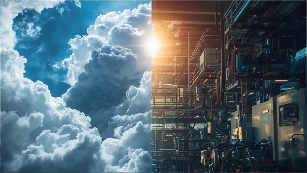 A split-frame architecture diagram showing two enterprise software postures side by side — left: cloud SaaS with data leaving a perimeter; right: sovereign on-premises with operator-owned racks inside the perimeter and a clear exit-window contract clause highlighted.