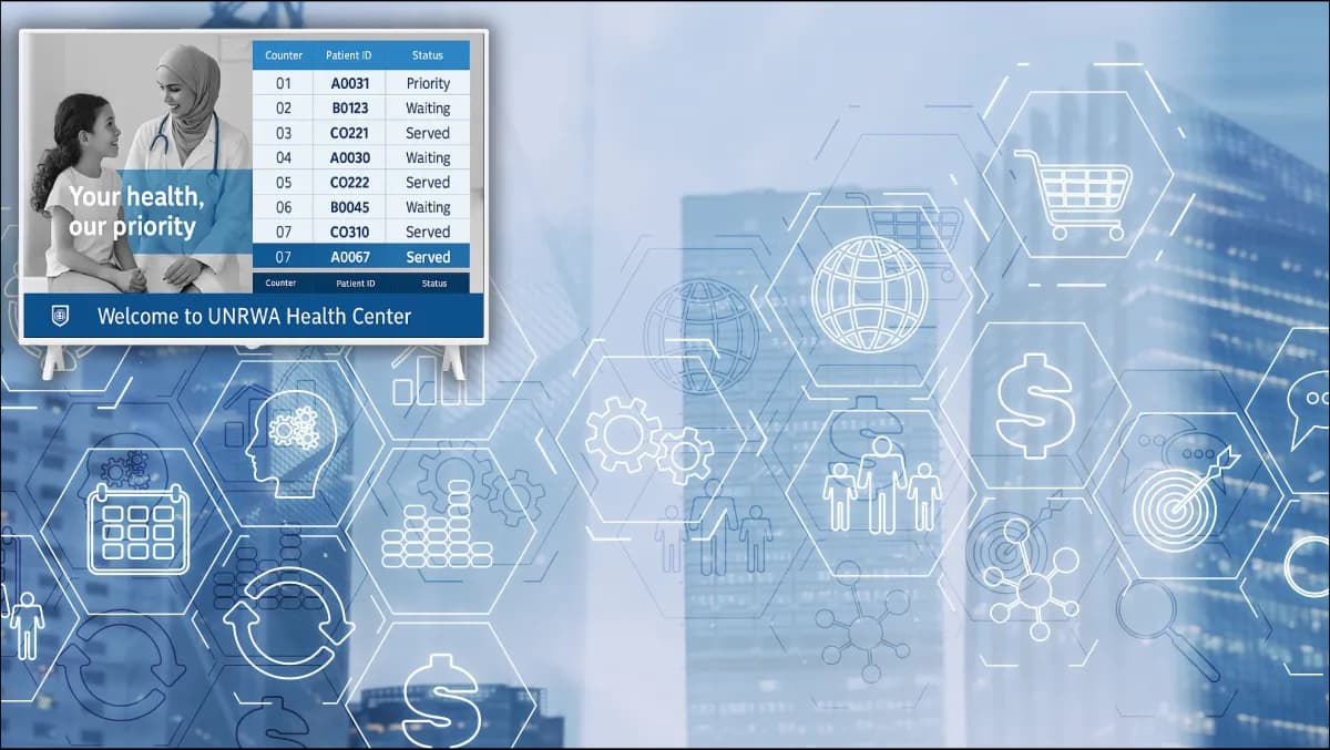 A modern hospital outpatient reception with a bilingual English-Arabic wayfinding kiosk routing a patient to clinic 4, a self-service check-in kiosk scanning a QR appointment code, and a reception tablet showing AI-suggested SOAP notes from the prior consultation.