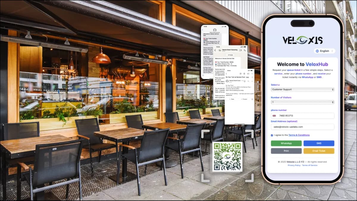 A queue of diners outside a London pop-up restaurant scanning a QR code to join a virtual queue instead of standing in line.
