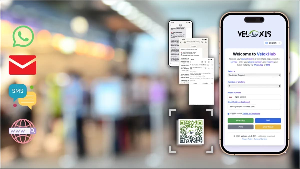 A close-up smartphone showing a WhatsApp virtual queue ticket with live position update and a 5-minute heads-up message, with a busy bank branch entrance softly blurred behind.