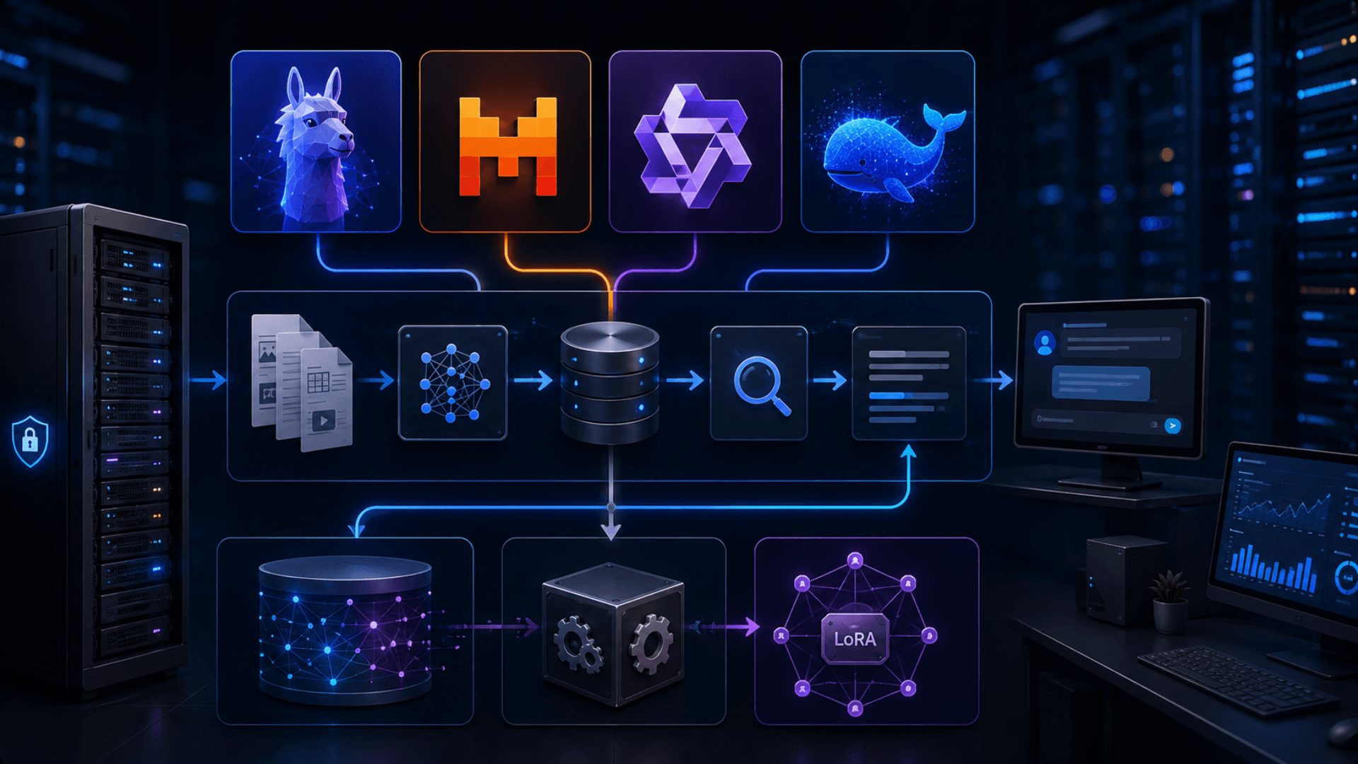 Zeour on-premises AI stack — open-weight LLMs (Llama, Mistral, Qwen, DeepSeek), vLLM, RAG pipeline, vector store, LoRA fine-tuning