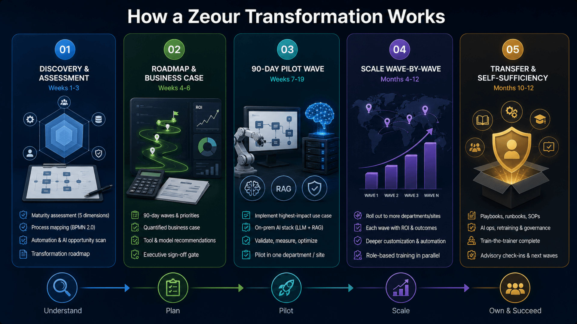 How a Zeour transformation works — five-step lifecycle from discovery through self-sufficiency