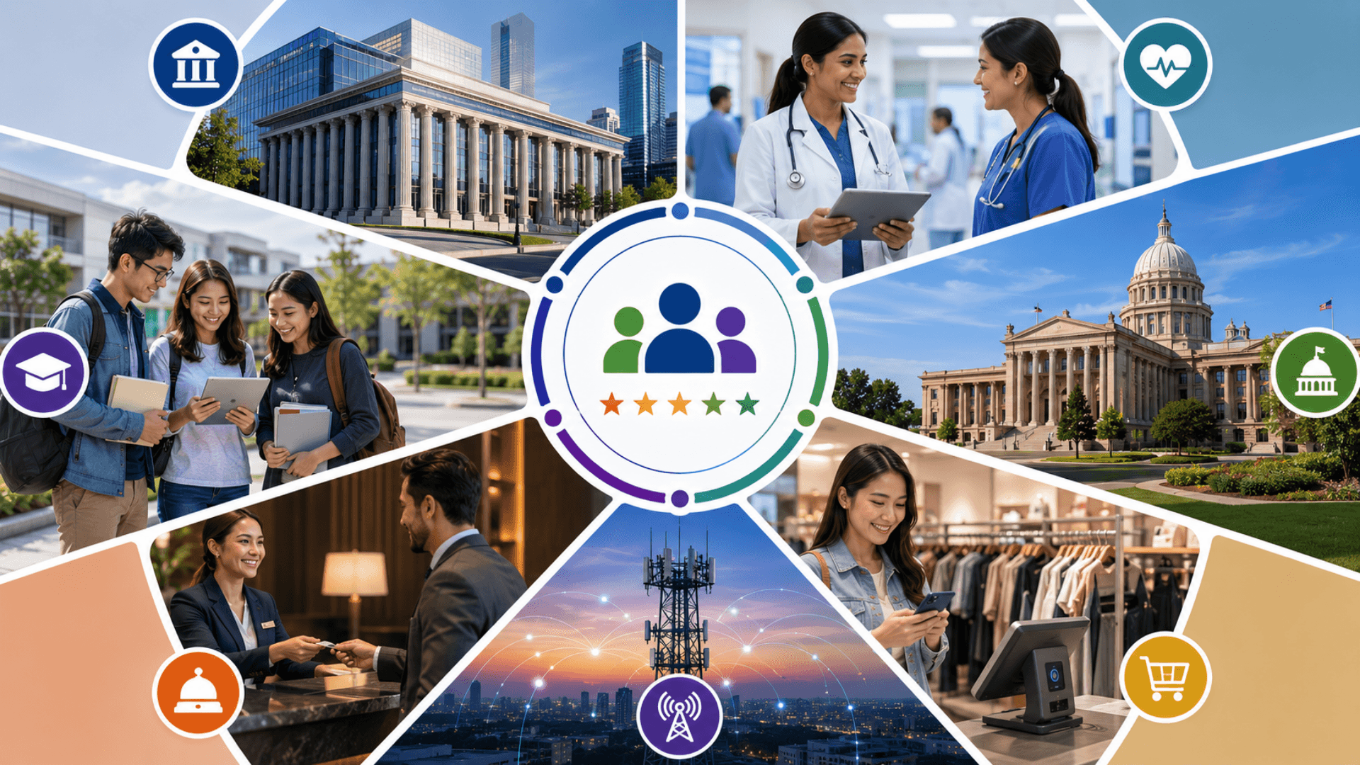 Industries served by GLARUS customer feedback — banking, healthcare, government, retail, telecom, hospitality, education