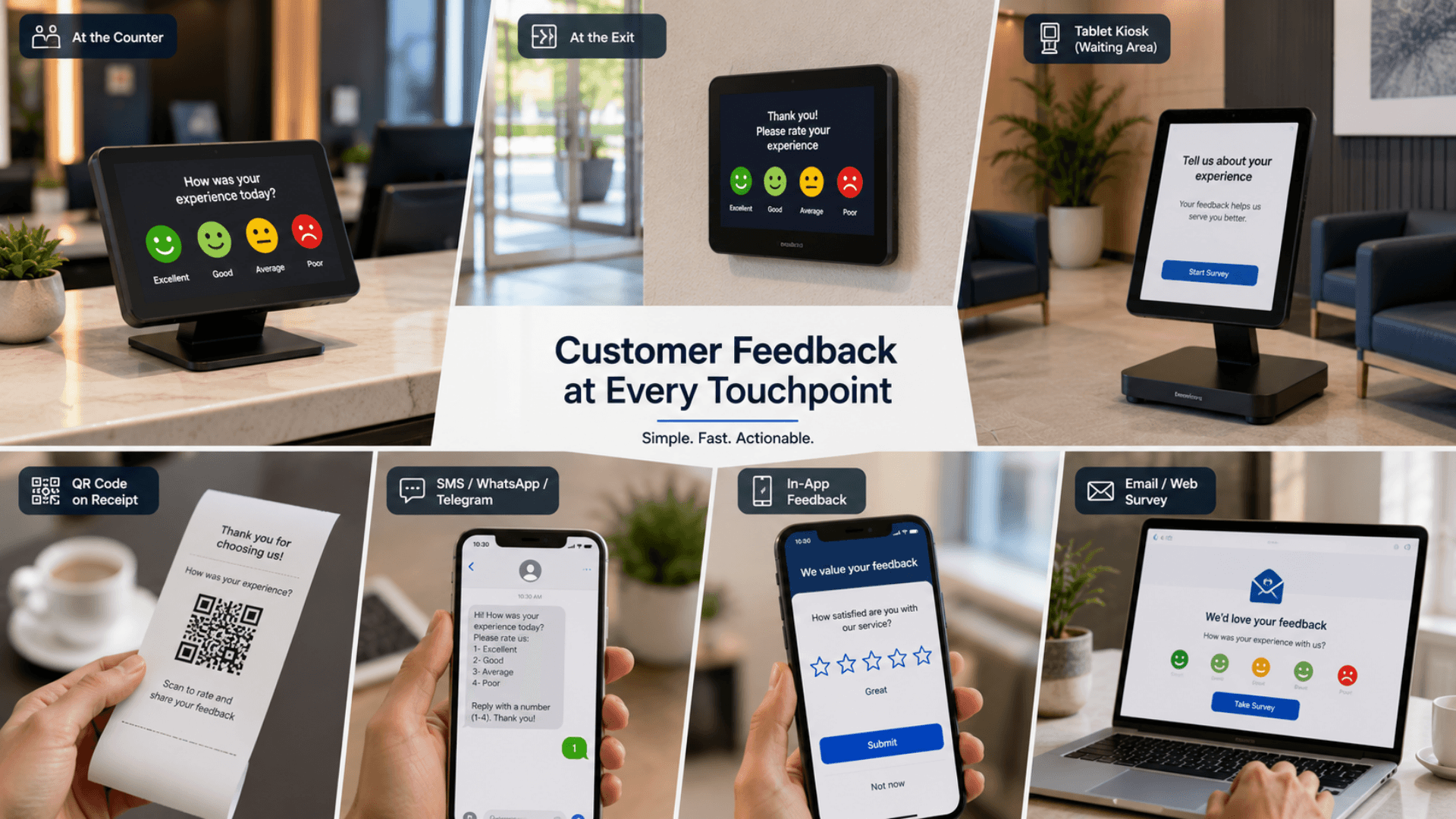 GLARUS MAGNO feedback terminal at a service counter showing a push-button and touchscreen satisfaction survey