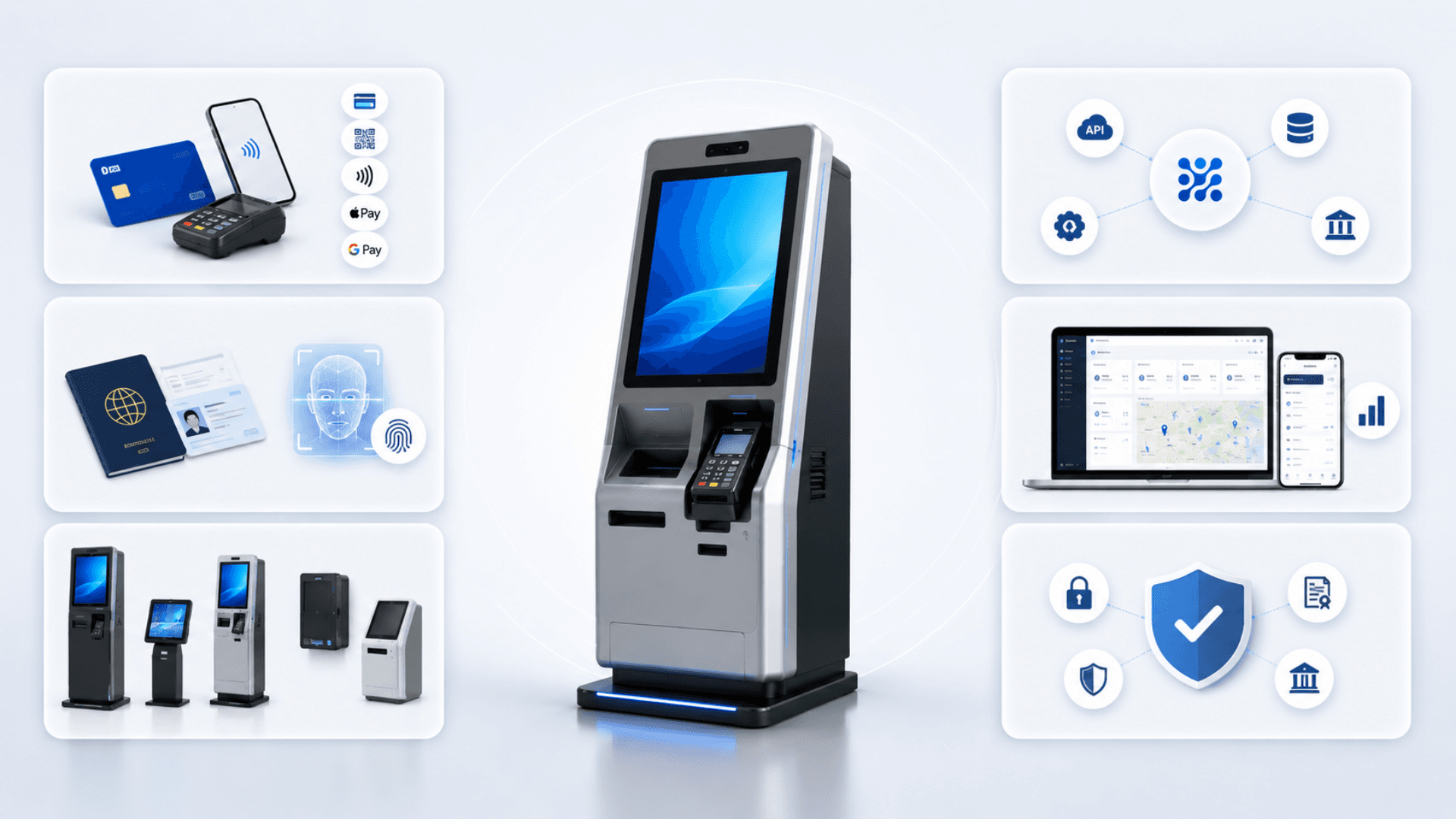 Key features of Zeour kiosk solutions — payment stack, KYC, hardware catalog, integration, central management, compliance
