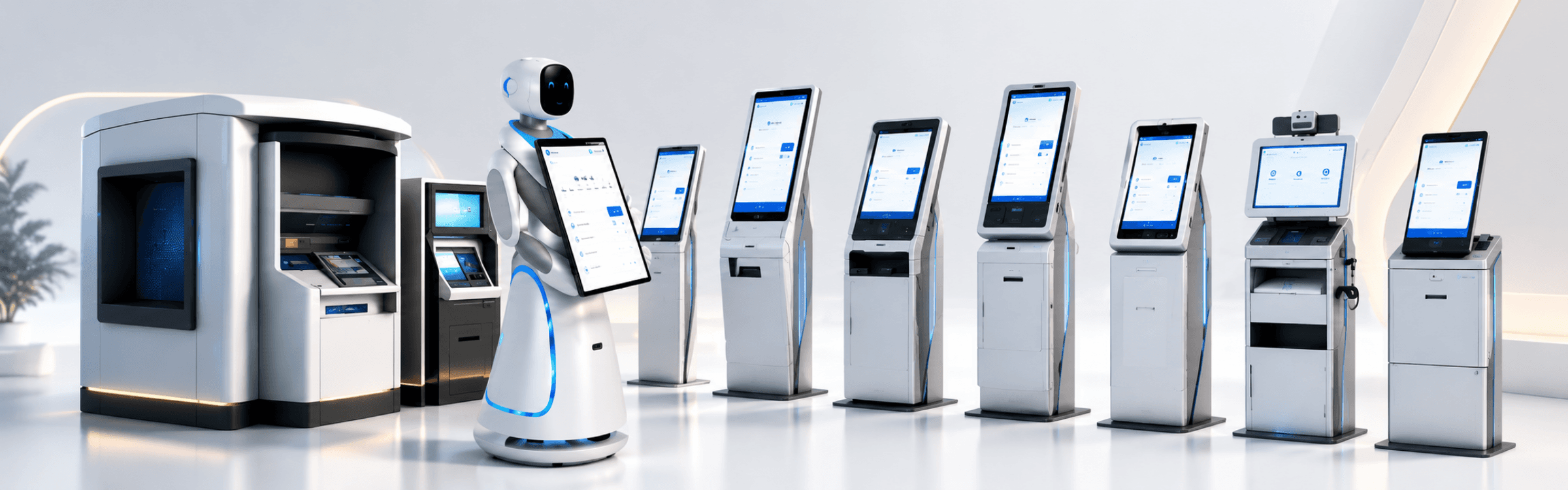 Zeour self-service kiosk hero strip — vertical grid, payment stack, KYC flow, and management console