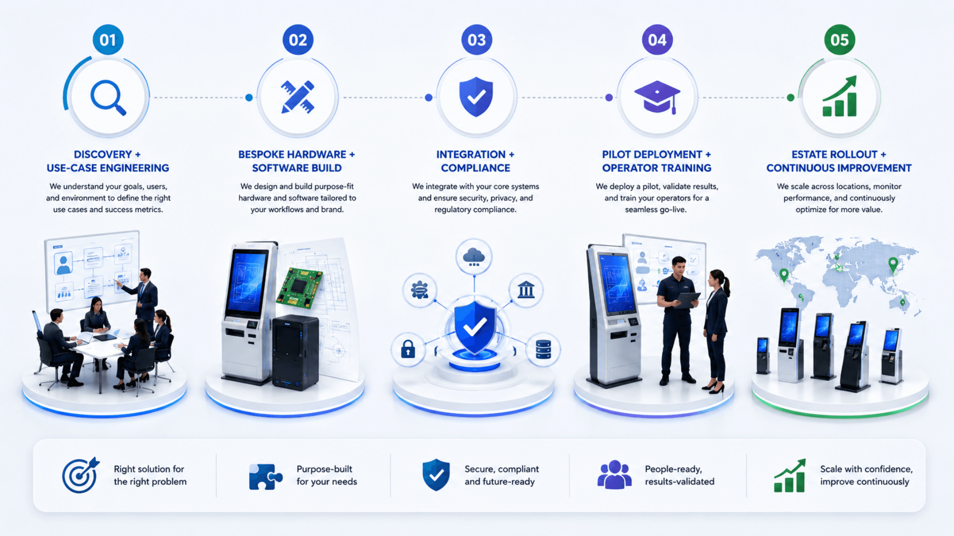 How Zeour self-service kiosks work — five-step lifecycle from discovery through estate rollout