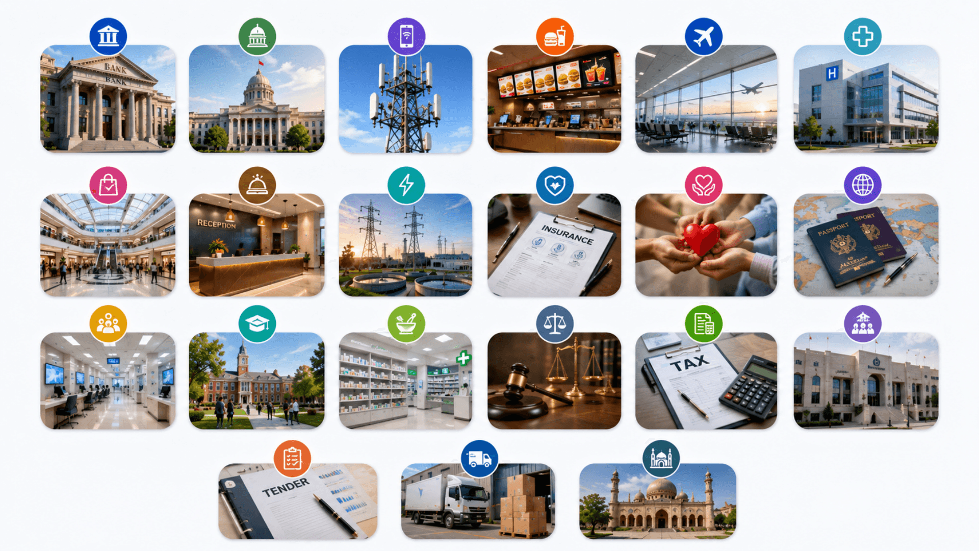 Industries served by Zeour kiosks — banks, government, telecom, restaurants, airports, hospitality, healthcare, utilities, charity, tender