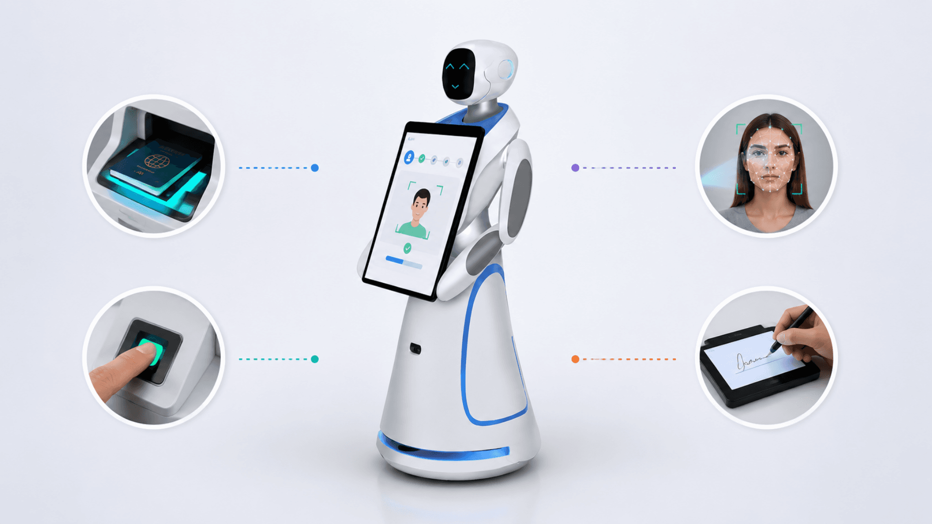 Zeour KYC kiosk multi-modal verification — passport scanner, face camera with liveness, fingerprint, signature pad