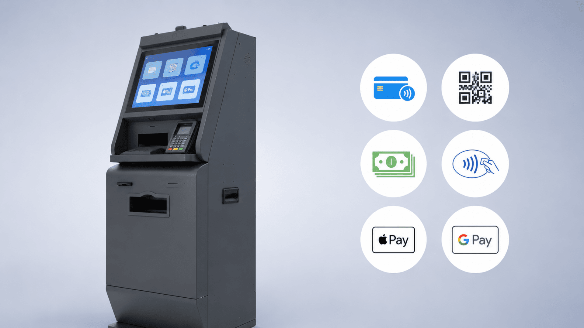 Zeour self-payment kiosk with cards, cash, QR, NFC, Apple Pay, Google Pay — PCI DSS aligned via P2PE