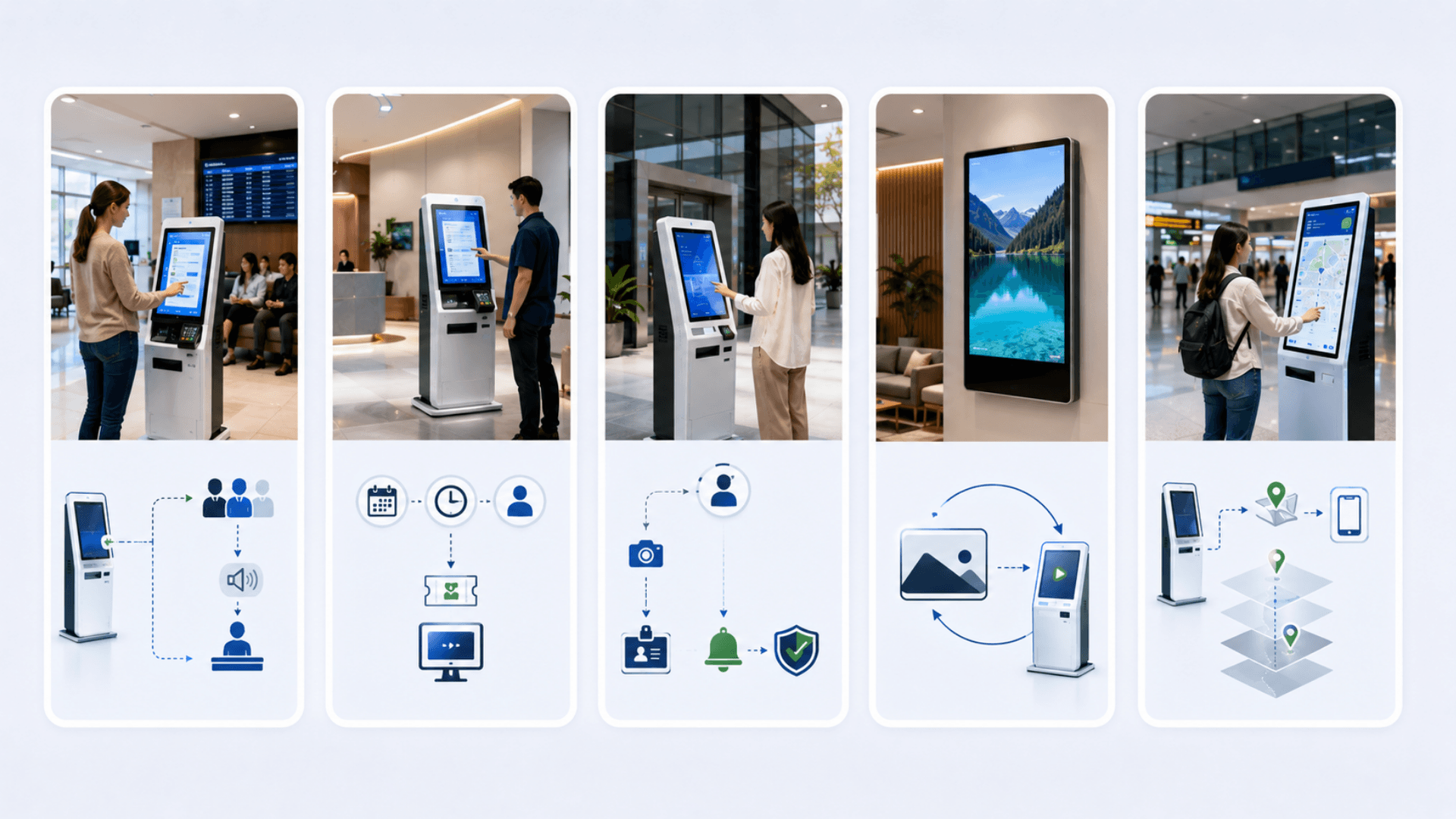 Related GLARUS solutions to self-service kiosks — queue management, appointments, visitor management, signage, wayfinding