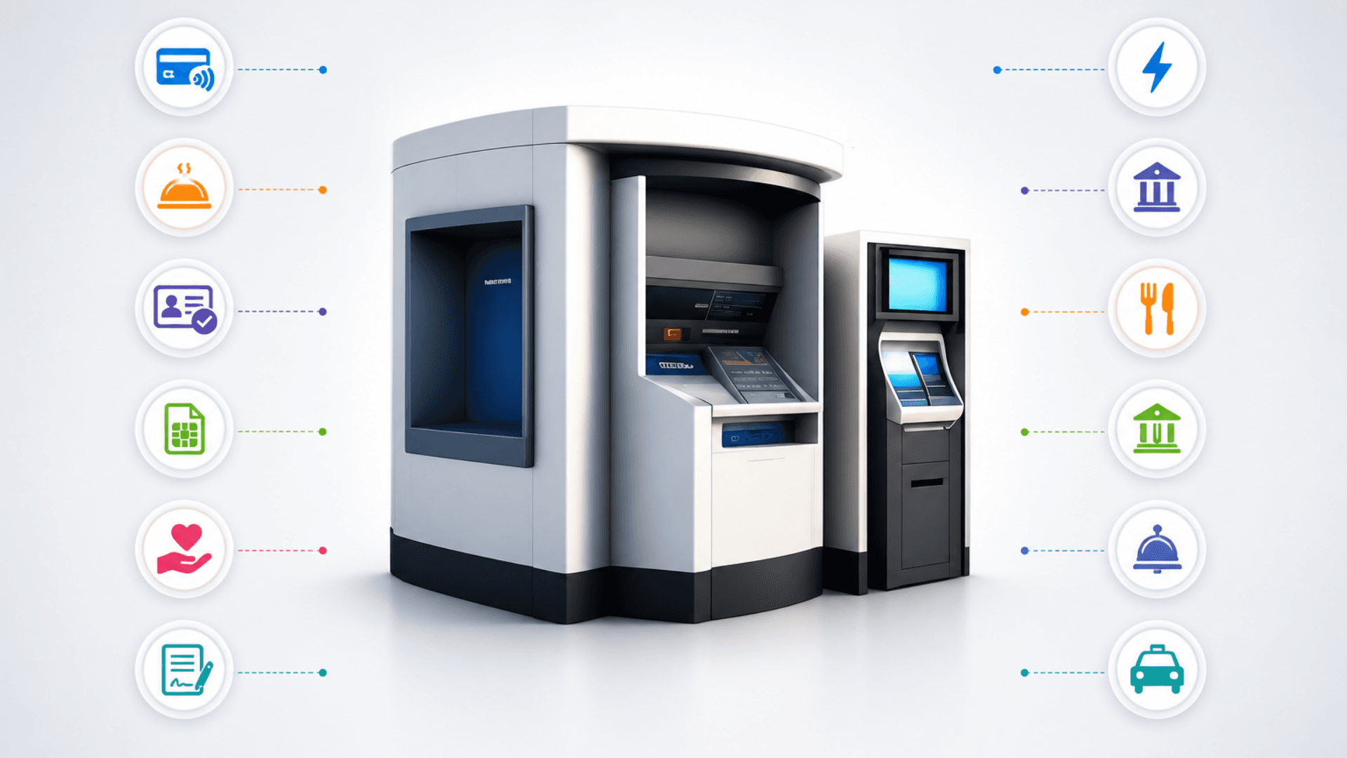 Grid of Zeour bespoke kiosk verticals — self-payment, self-ordering, KYC, SIM dispense, charity, tender, utility, government, restaurant, bank, hotel, taxi booking