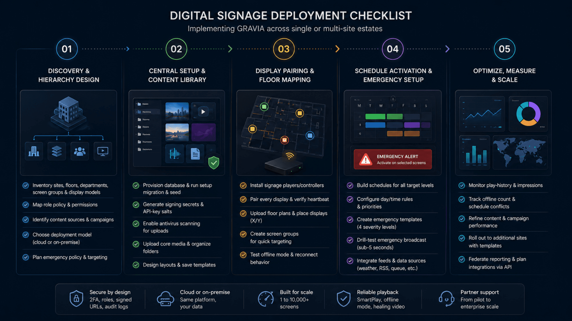 Deployment checklist graphic for implementing GRAVIA digital signage across single or multi-site estates