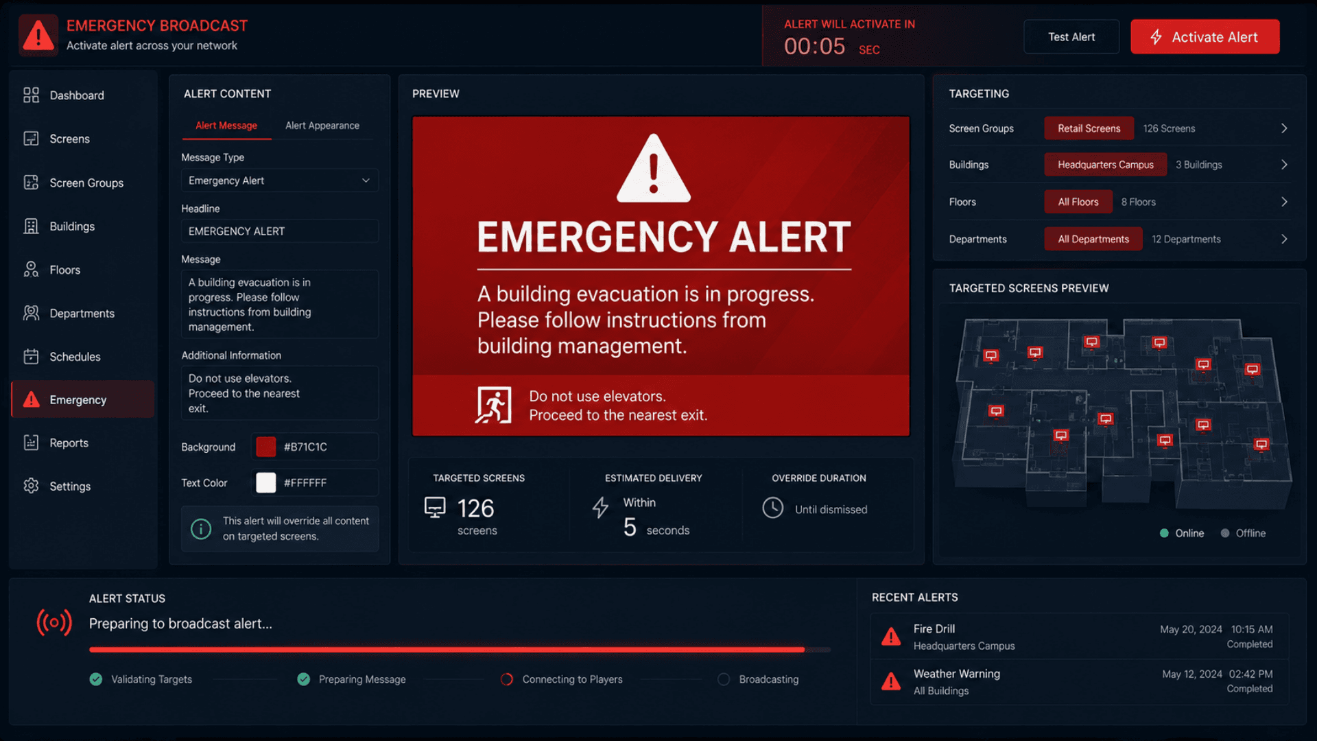 GRAVIA emergency broadcast console activating an Alert across selected screens within 5 seconds