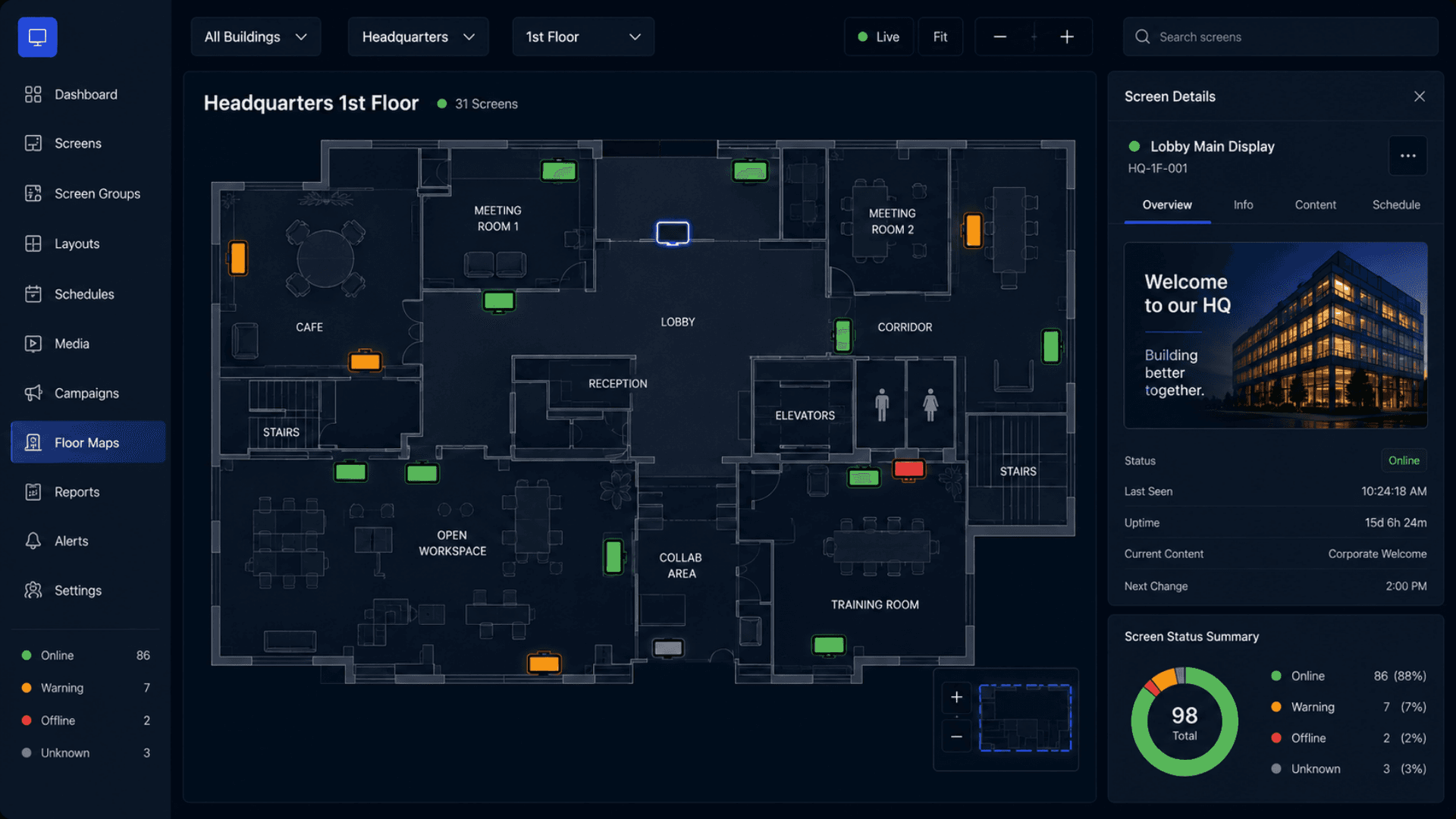 GRAVIA floor map showing visual placement of digital signage displays with live status colors