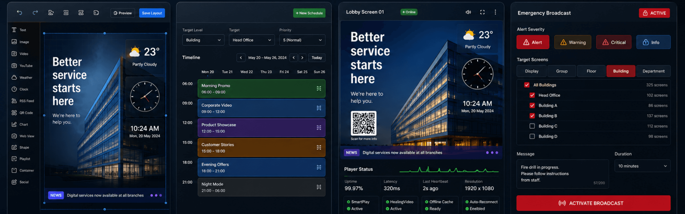 GRAVIA digital signage hero strip — canvas editor, schedule timeline, live player, and emergency broadcast