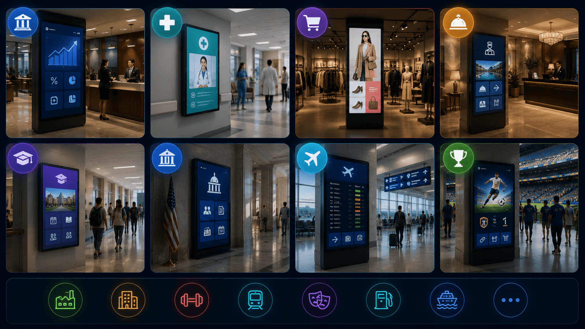 Industries served by GRAVIA digital signage — banking, healthcare, retail, hospitality, education, government, airports, stadiums, more