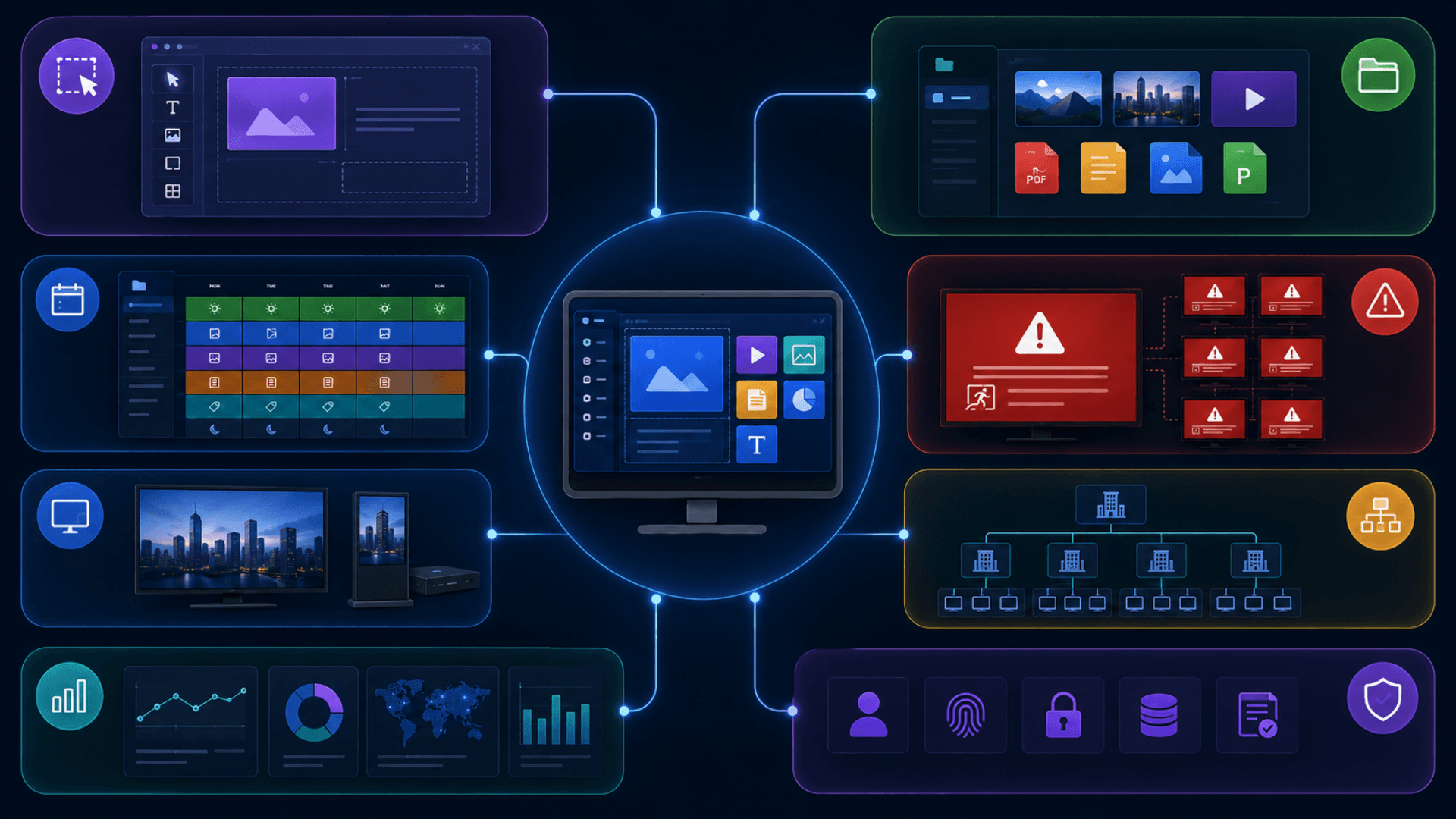 GRAVIA digital signage core components diagram — canvas editor, content library, schedule engine, emergency, player, hierarchy, telemetry, security