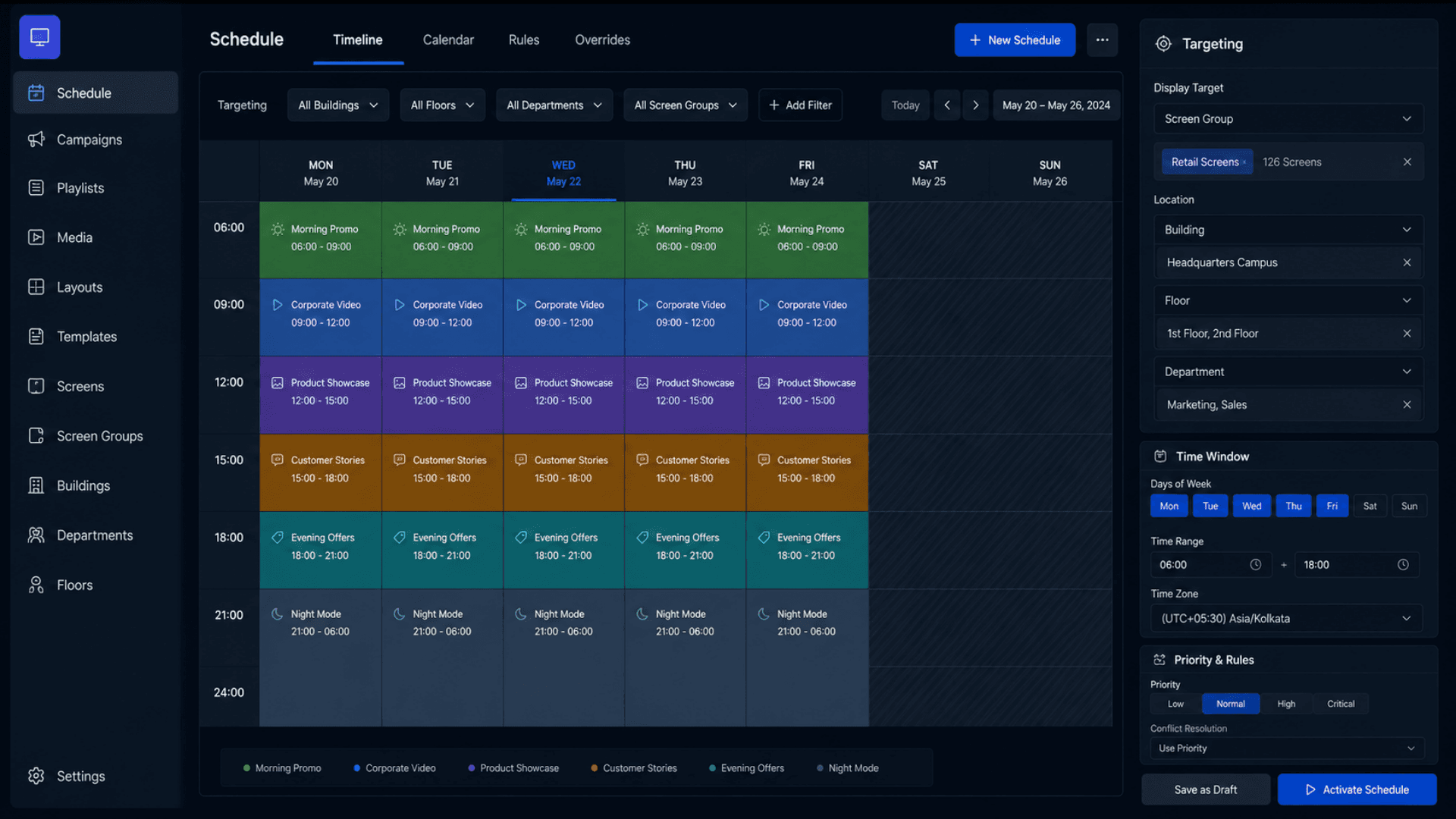 GRAVIA schedule engine targeting display, screen group, floor, building, and department with day-of-week and time-window rules