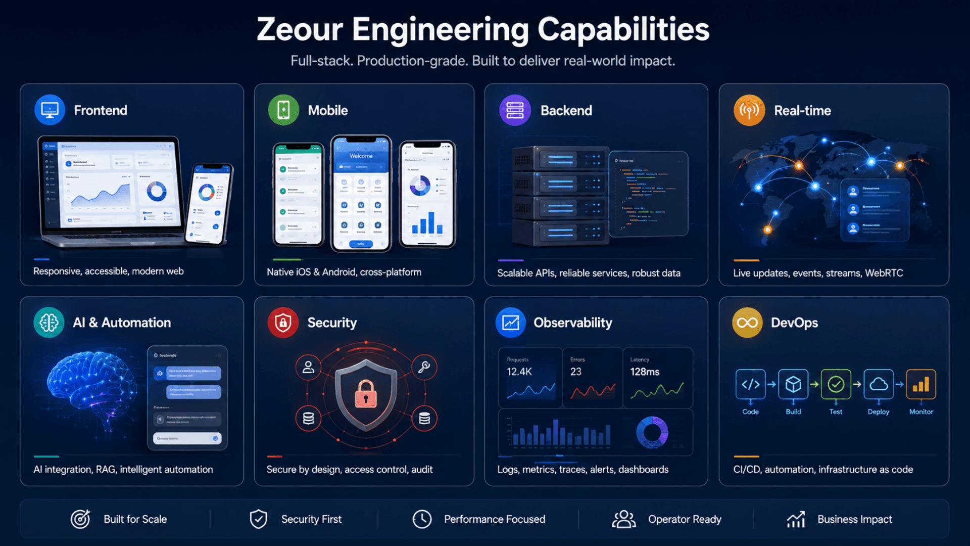 Deep dive of Zeour engineering capabilities — frontend, mobile, backend, realtime, AI, security, observability, devops