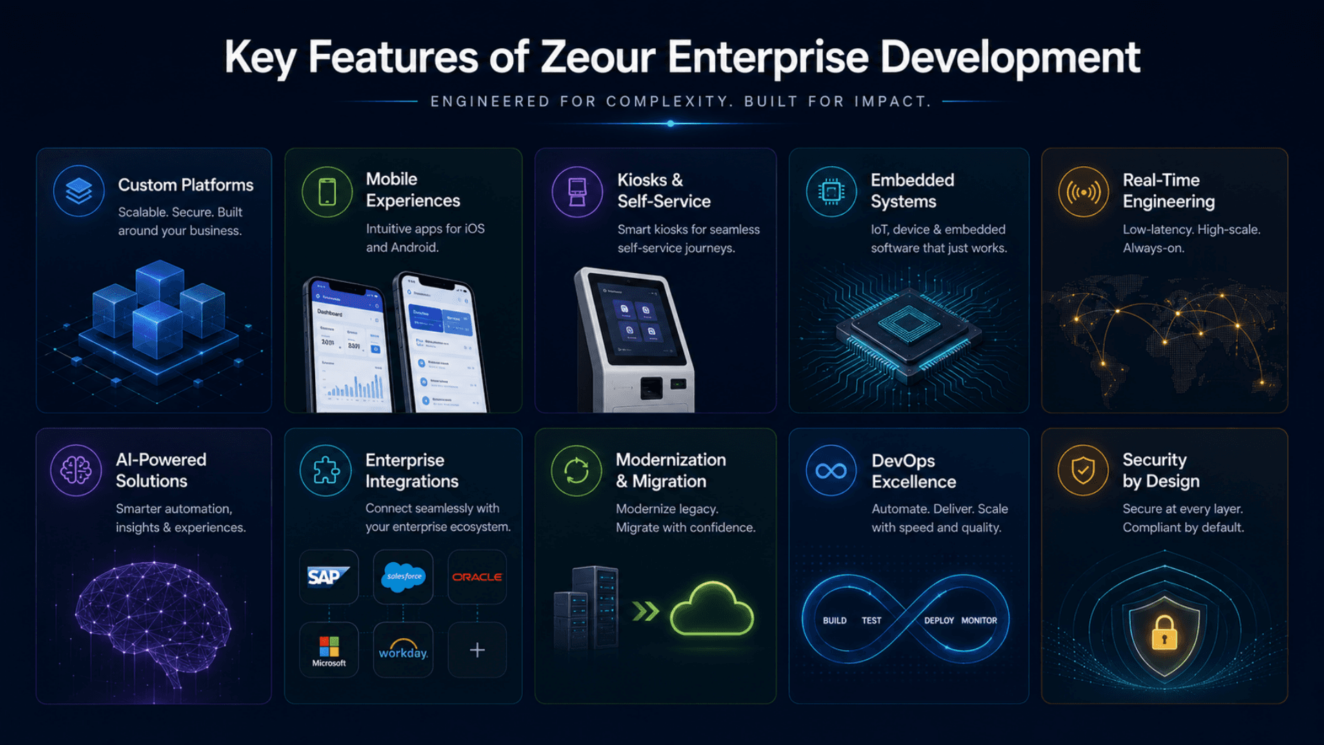 Key features of Zeour Enterprise Development — custom platforms, mobile, kiosks, embedded, realtime, AI, integrations, modernization, devops, security
