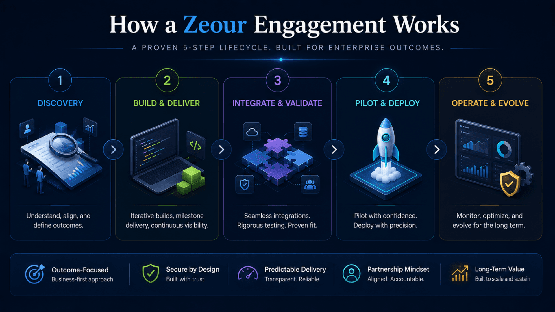 How a Zeour engagement works — five-step lifecycle from discovery through long-term operate