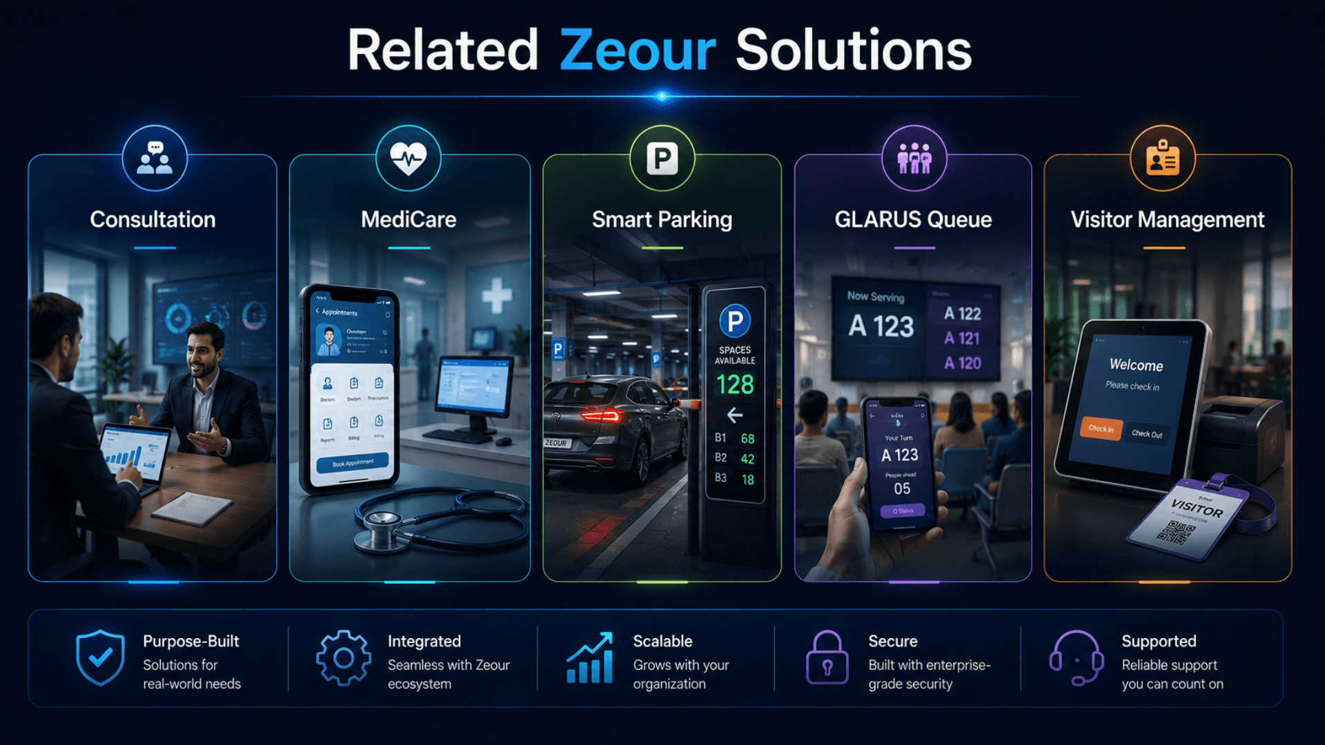 Related Zeour solutions — consultation, MediCare, Smart Parking, GLARUS queue, Visitor Management