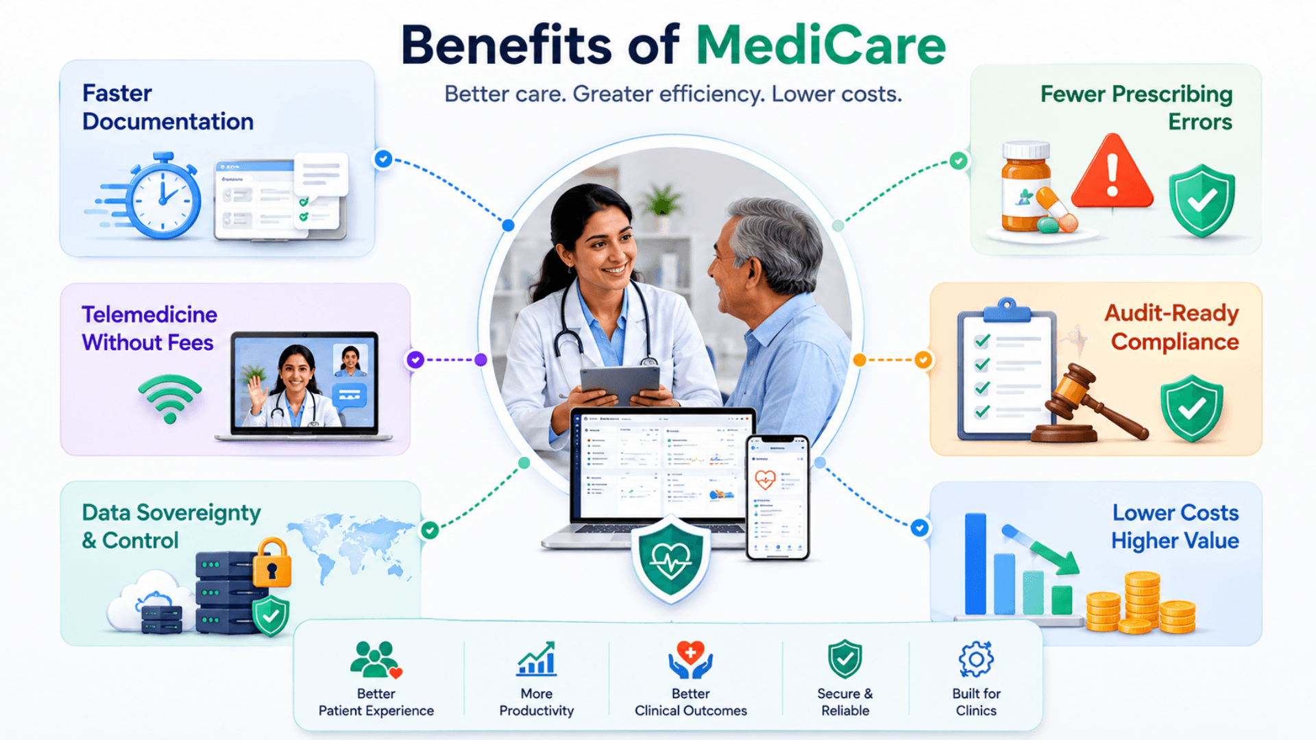 Benefits infographic for MediCare — faster documentation, fewer Rx errors, telemedicine without fees, audit-ready compliance, data sovereignty