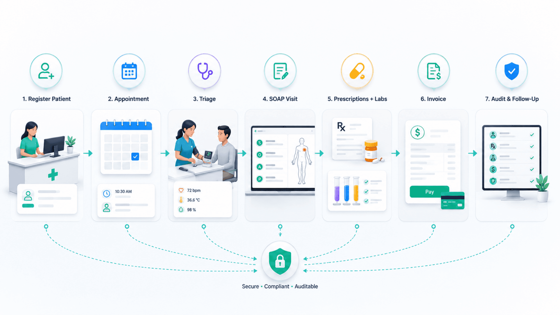 MediCare patient journey overview — register → appointment → triage → SOAP visit → prescriptions + labs → invoice + audit