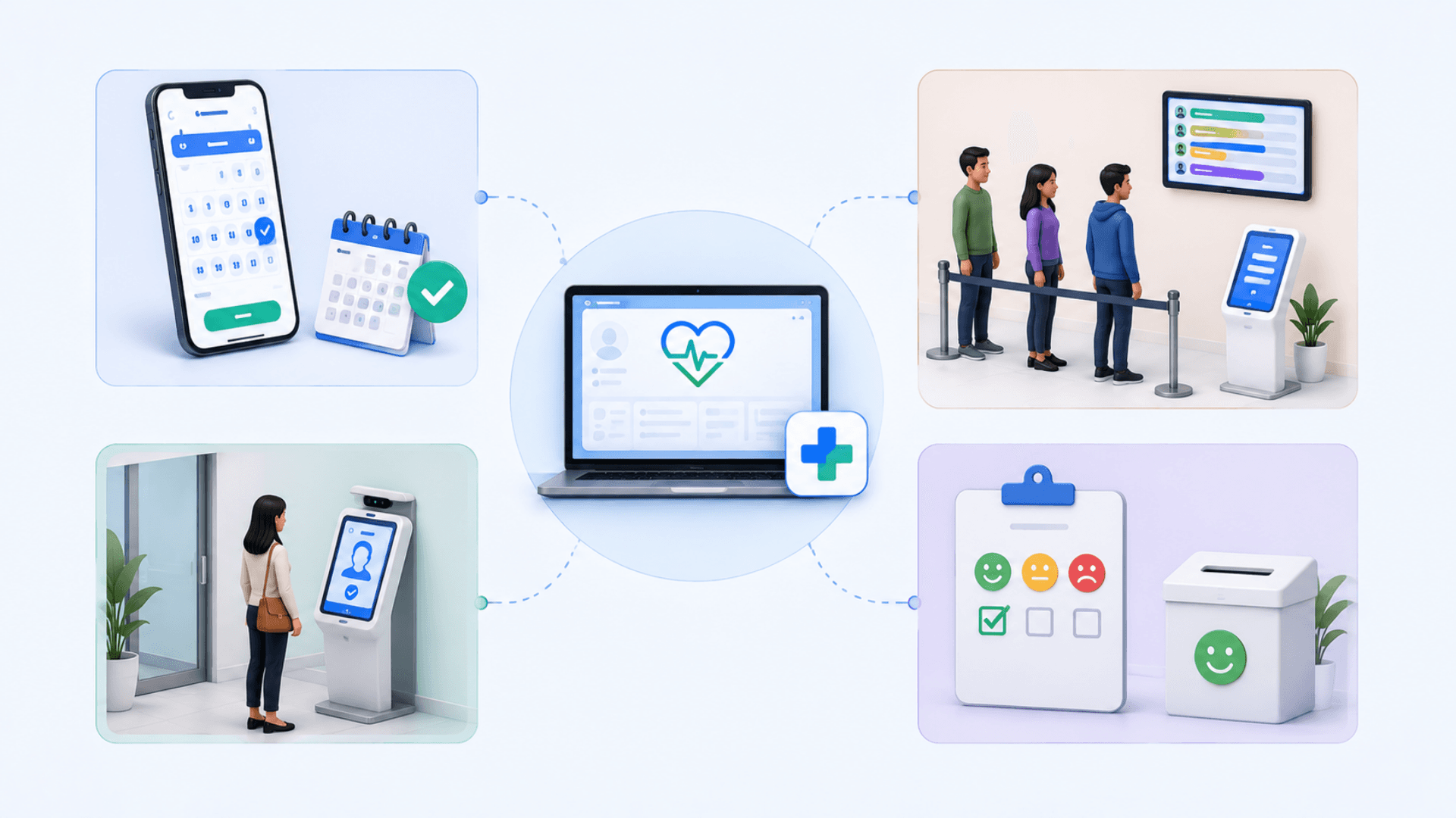 Related GLARUS solutions to MediCare — online appointments, queue management, visitor management, kiosks, feedback