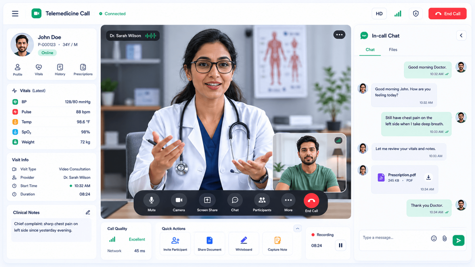 MediCare telemedicine WebRTC video call between doctor and patient with in-call chat