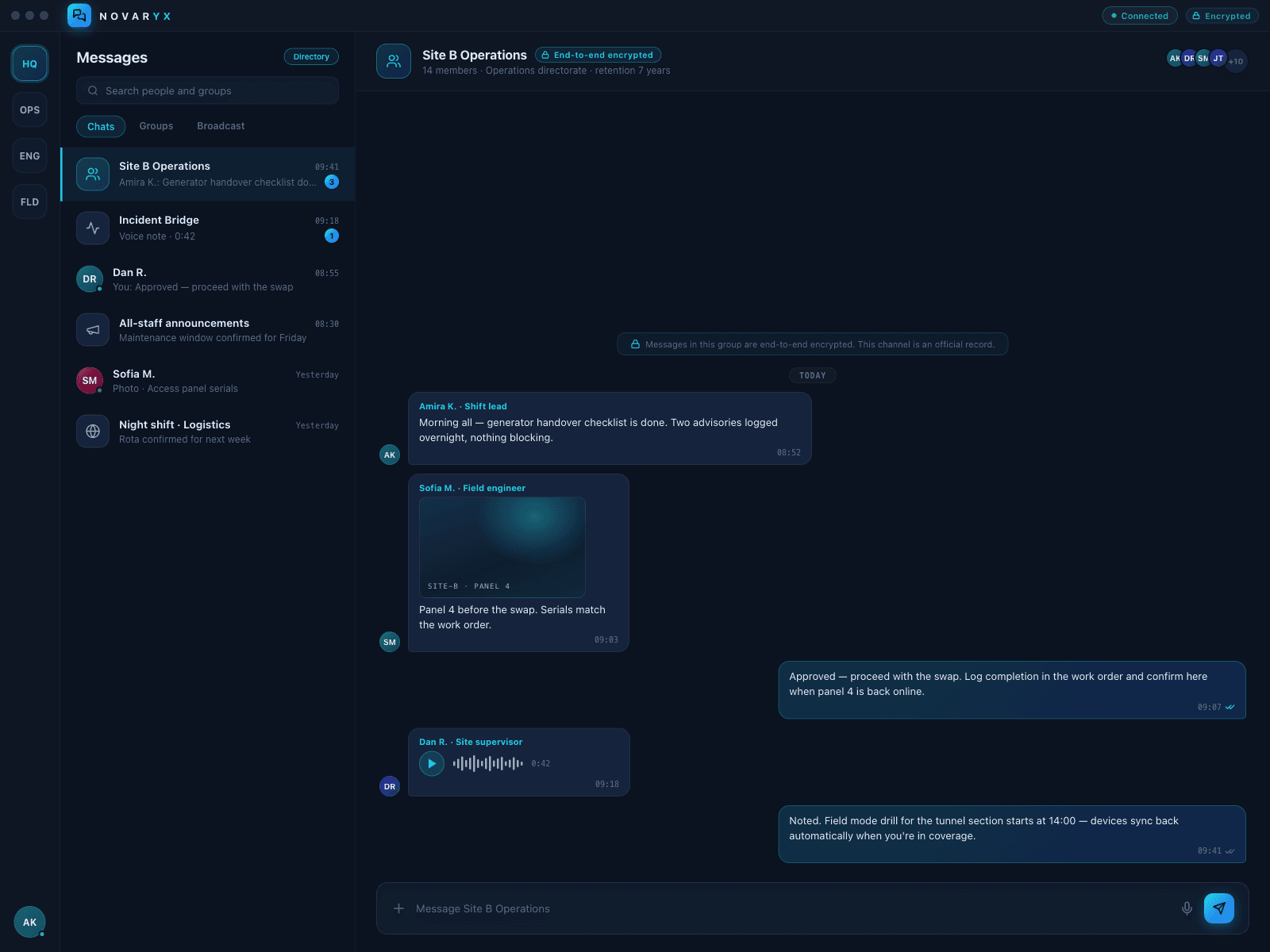 NOVARYX branded secure messaging interface — encrypted conversations, groups, and broadcast channels under organisational policy