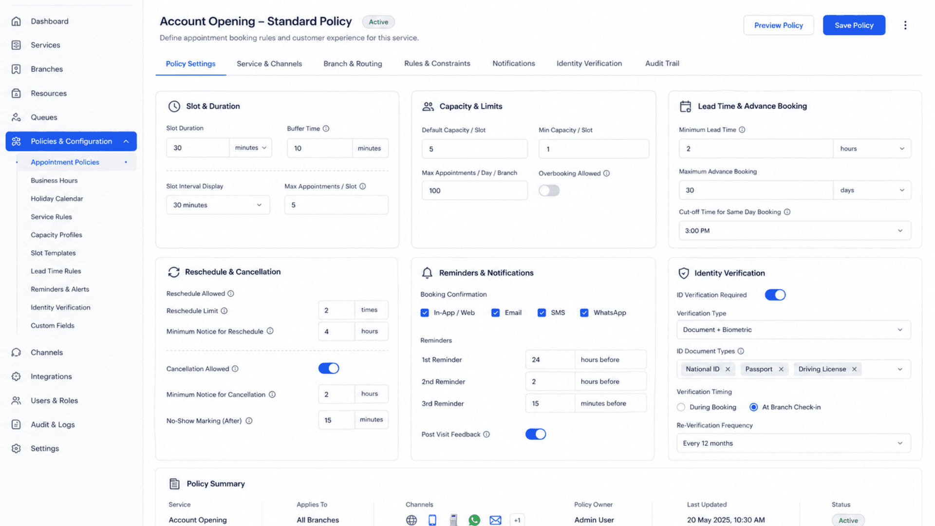 GLARUS MSA admin UI for appointment policy configuration — slot duration, capacity, lead time, reminders, identity verification