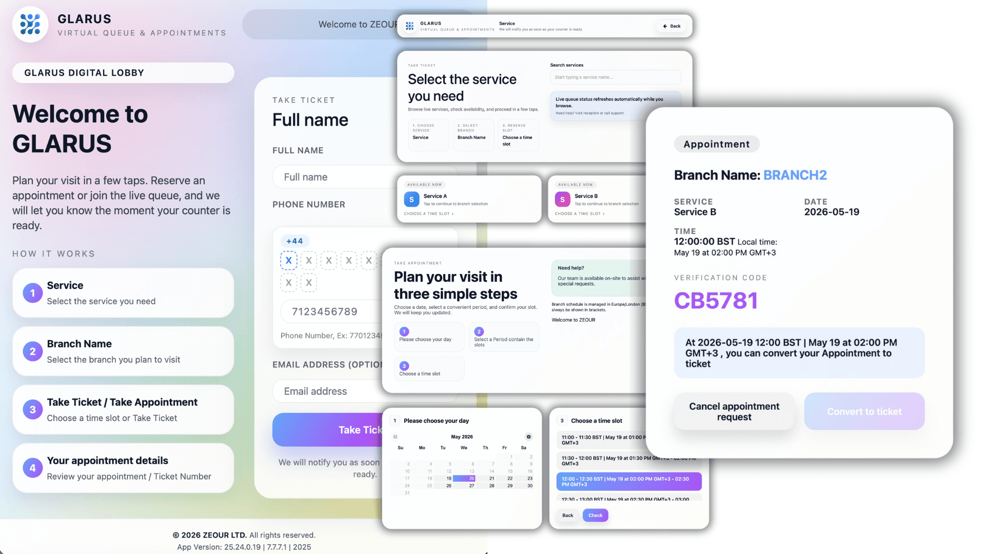 GLARUS MobileWCSA appointment booking flow with branch / service / day / slot picker and identity verification step