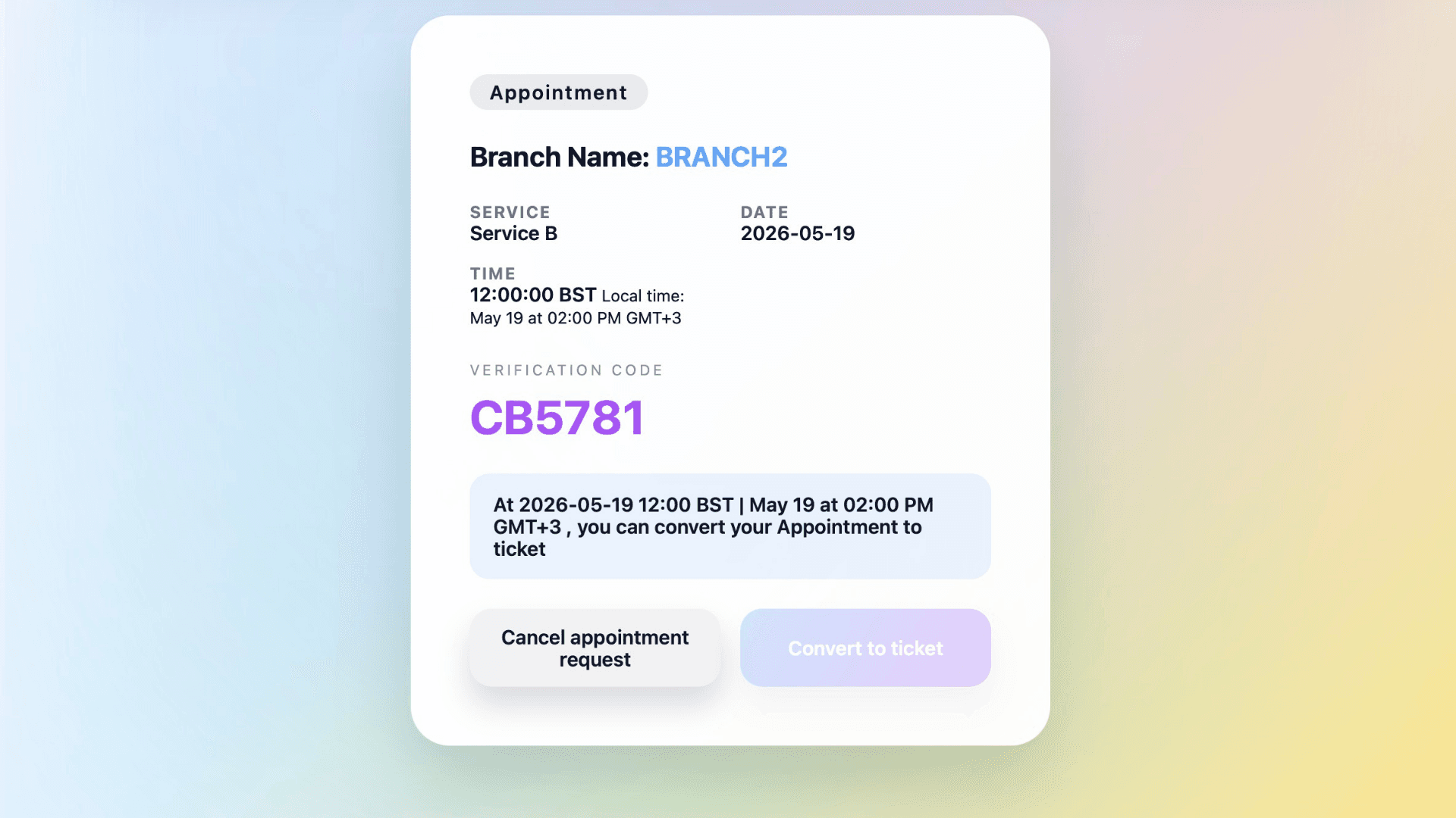GLARUS appointment auto-converting into a live EMS branch ticket 10 minutes before slot time
