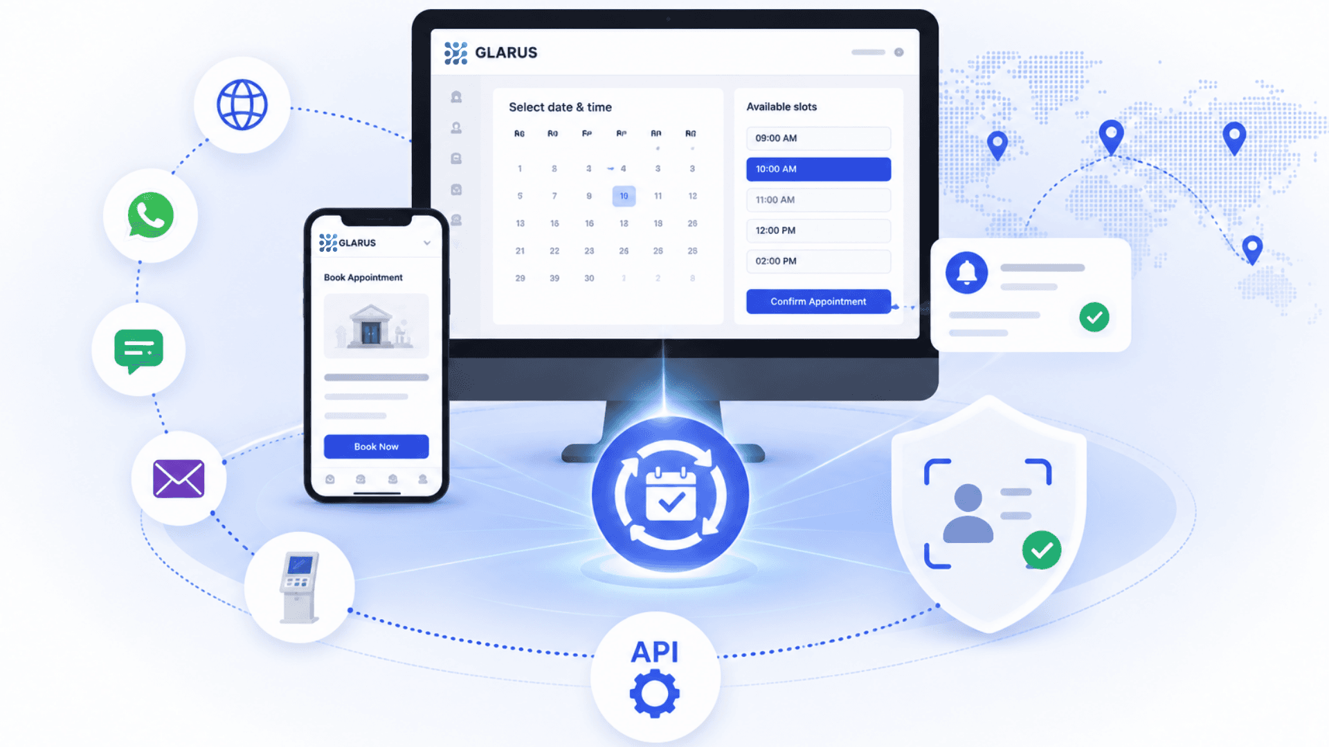 Key features of GLARUS online appointment system — omnichannel booking, slot engine, auto-conversion, notifications, identity verification, API