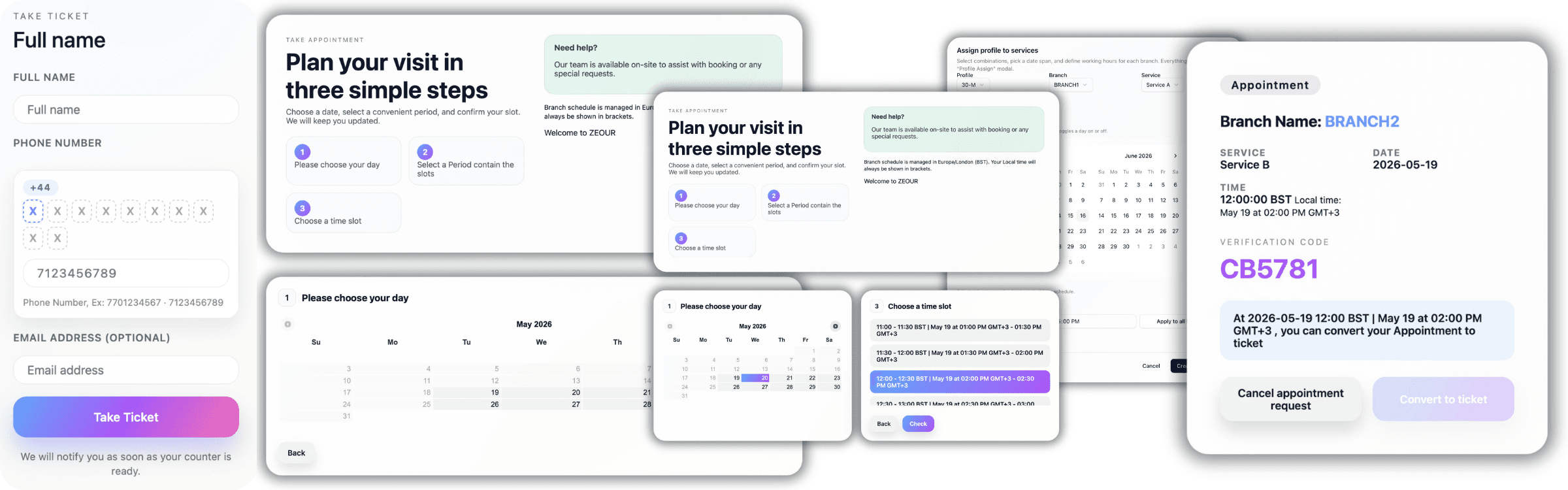 GLARUS online appointment hero strip — mobile booking, WhatsApp flow, conversion to live ticket, and admin policy UI