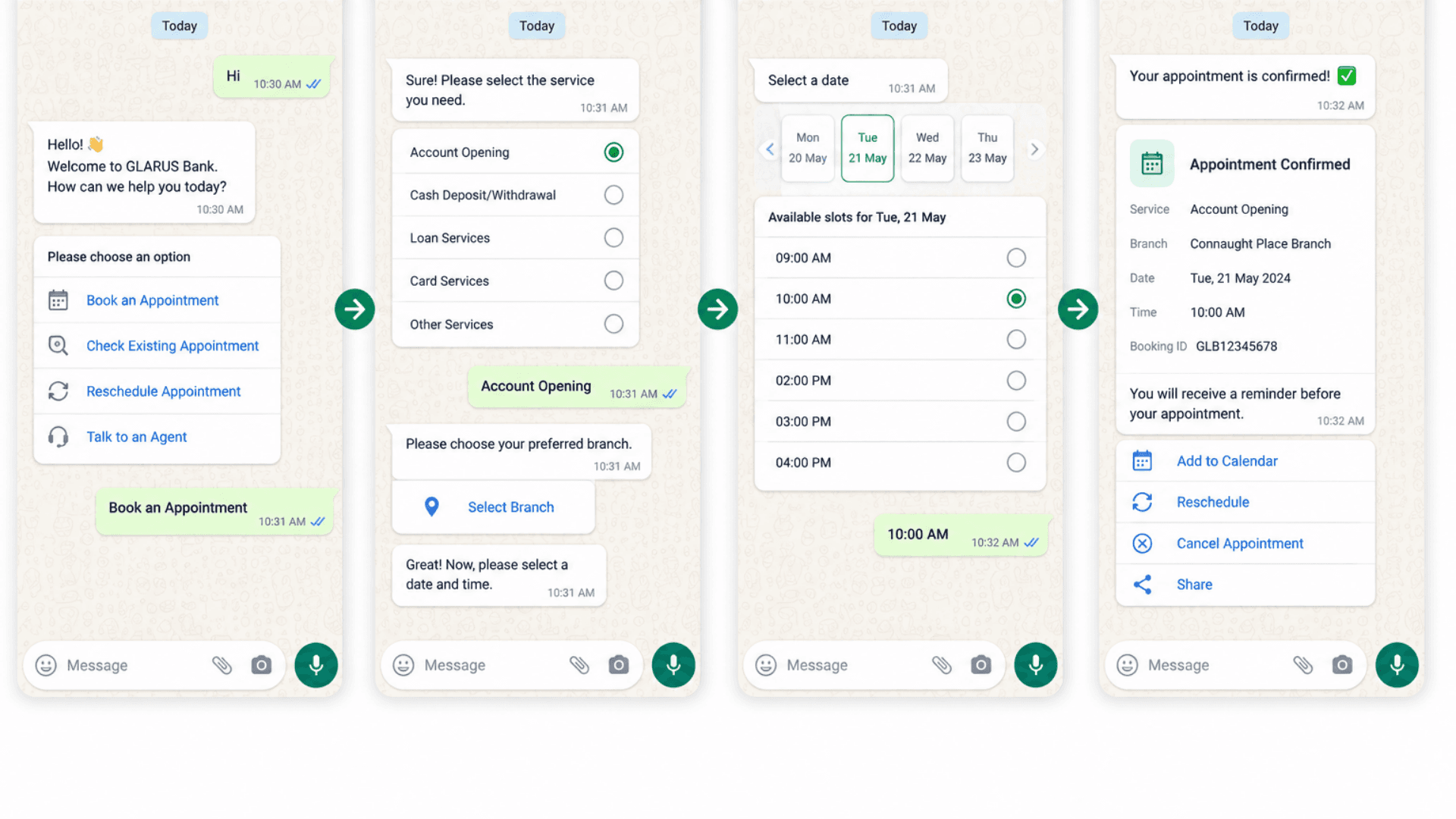 GLARUS appointment booking over WhatsApp Business — conversational flow with slot picker and confirmation card