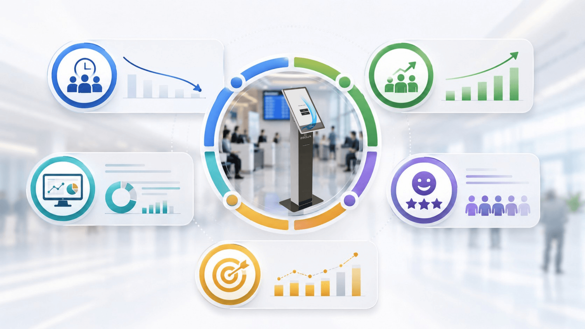 Benefits infographic for queue management system: reduced waiting time, higher throughput, better visibility, improved satisfaction, and measurable KPIs