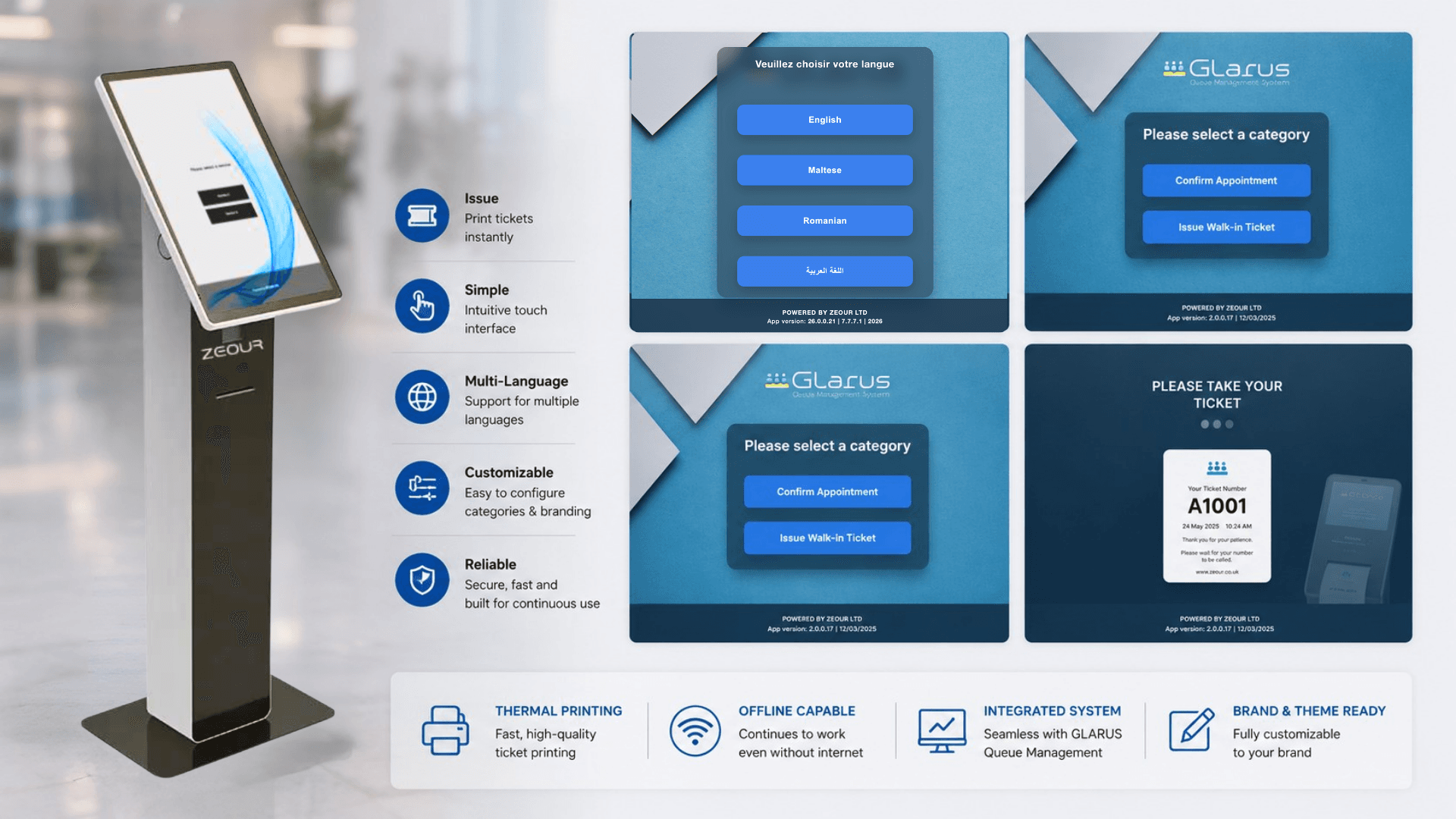 Self-service queue ticketing kiosk interface and hardware for issuing printed tickets in a queue management system