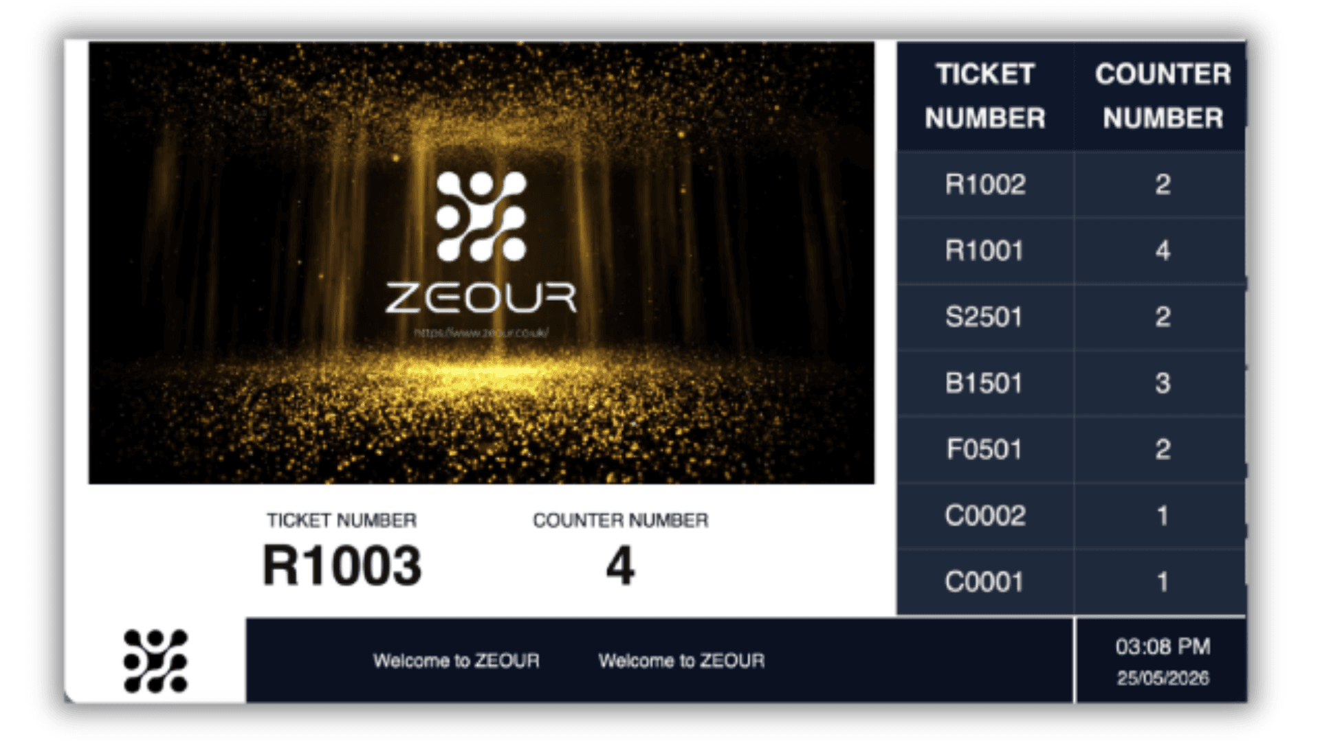 Digital signage queue board and calling displays showing current and next tickets with voice announcements in a queue management system