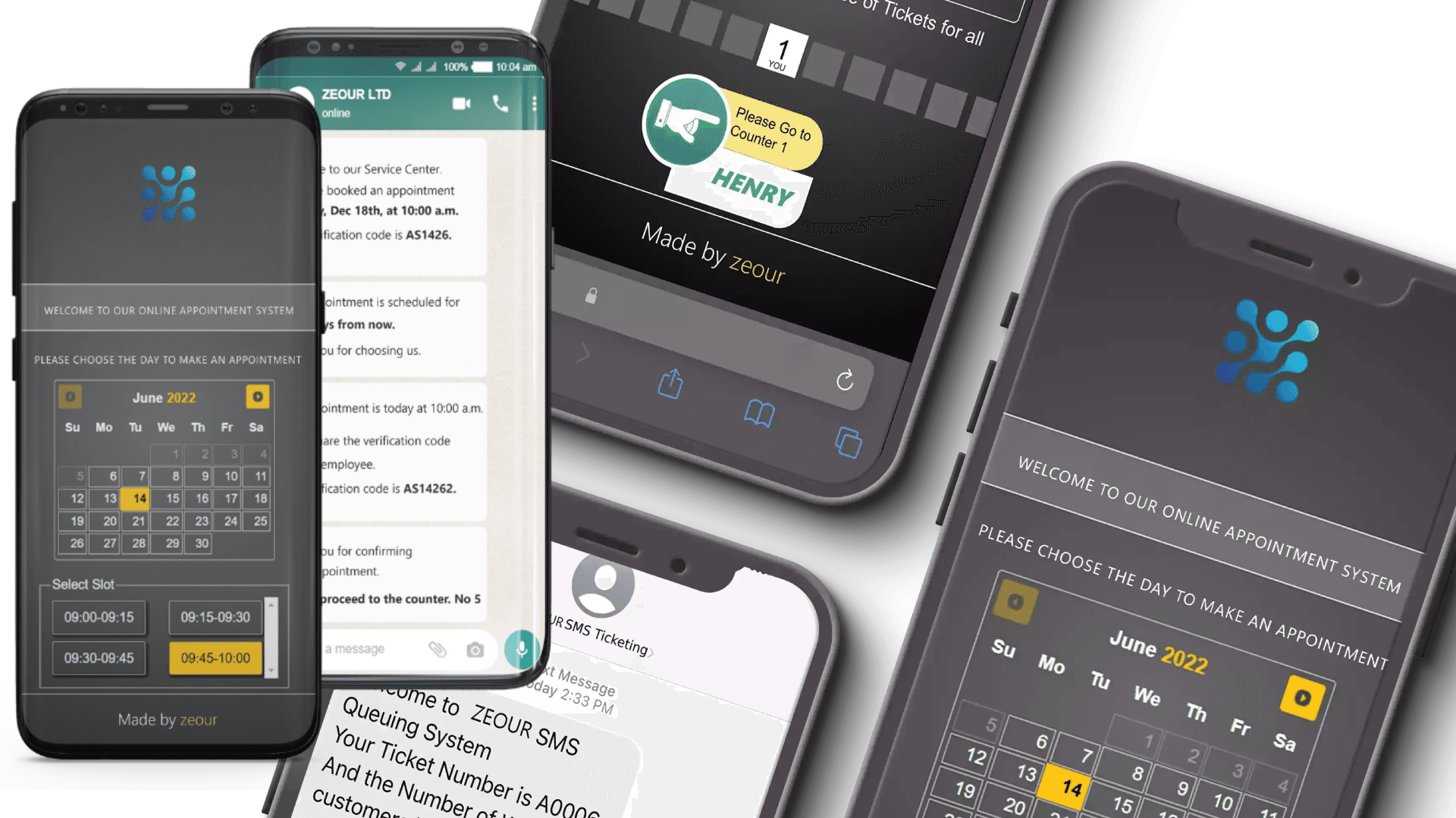 Virtual queuing and appointment booking experience on mobile showing position updates, estimated waiting time and notifications